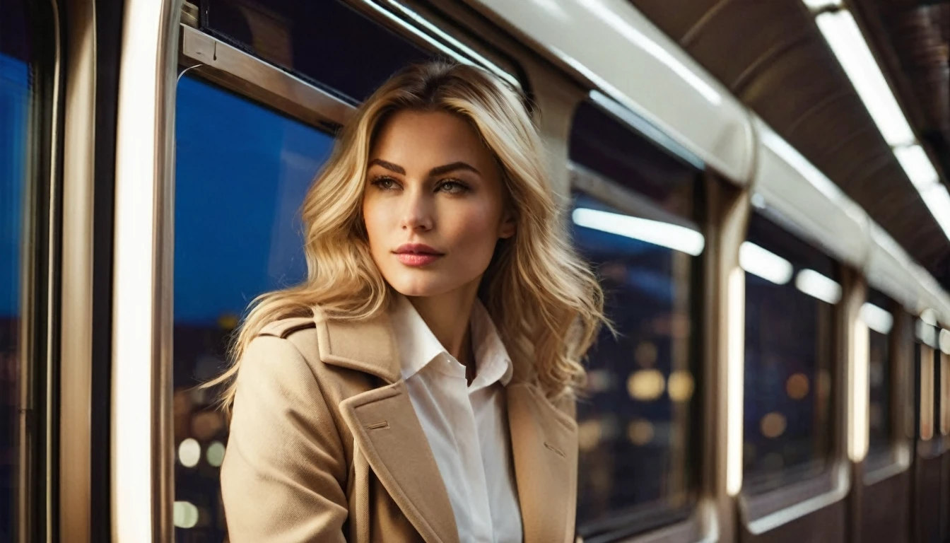 side view, ((half body )) portrait photo of a beautiful 35 years old european woman sitting in a train cabin beside the window  ((at dark night)),  wearing(((beige colored coat )))with (((white collared blouse))), looking out the window of the train can see the moving houses of the megacity with colorful nightlights, reflective surfaces, city lights of the skyscrapers and reflections on the train's window. She is reflected in the train window. The train is travelling through in a megacity at night. She has (long wavy blonde hair blown in the wind),  Award - winning photograph, Masterpiece, 16k, ultra high res, hyper detailed, vintage filter,sfumato, chiaroscuro, beautiful woman, perfect face, rule of thirds,  highly detailed hair, ((detailed face)), ((detailed facial features)), (finely detailed skin), pale skin,  intricate details, amazing fine detail, photorealistic, photograph, photorealism, rich colors, lifelike texture, neutral colors, Soft front light,cinematic lighting, dramatic lighting,dappled light on face, backlight on hair, sharp focus, wide angle, film grain, dslr, raw photo, photographed on Nikon