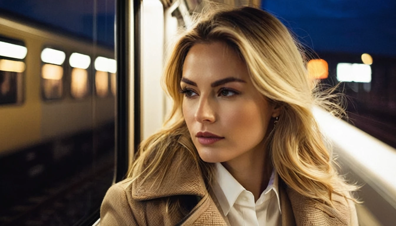 side view, ((half body )) portrait photo of a beautiful 35 years old european woman sitting in a train cabin beside the window  ((at dark night)),  wearing(((beige colored coat )))with (((white collared blouse))), looking out the window of the train can see the moving houses of the megacity with colorful nightlights, reflective surfaces, city lights of the skyscrapers and reflections on the train's window. She is reflected in the train window. The train is travelling through in a megacity at night. She has (long wavy blonde hair blown in the wind),  Award - winning photograph, Masterpiece, 16k, ultra high res, hyper detailed, vintage filter,sfumato, chiaroscuro, beautiful woman, perfect face, rule of thirds,  highly detailed hair, ((detailed face)), ((detailed facial features)), (finely detailed skin), pale skin,  intricate details, amazing fine detail, photorealistic, photograph, photorealism, rich colors, lifelike texture, neutral colors, Soft front light,cinematic lighting, dramatic lighting,dappled light on face, backlight on hair, sharp focus, wide angle, film grain, dslr, raw photo, photographed on Nikon