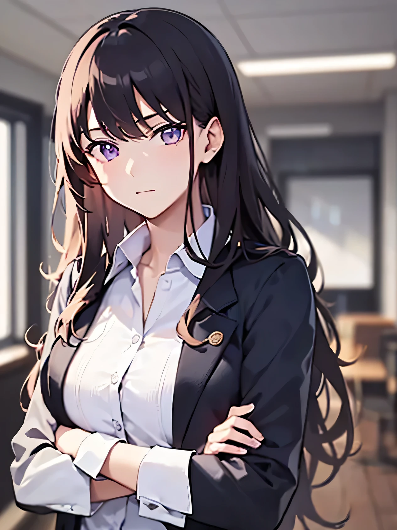 Realistic, Real person, (Pale skin: 1.2), RAW Photos, Realistic, Portrait Photography, Shiny skin, Japanese Idols、Shiny Hair、(A 33-year-old woman with medium-length hair and bangs) and (Wavy Hair) and (Brown Hair) and (Purple eyes) , (Black suit:1.5) and(White collared shirt)and (Serious face)and(Cold look)The background is the office.alone、(Are standing)and(Cross your arms:1.5)