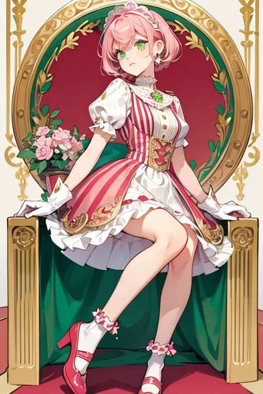 She has green eyes and medium-length half-dark pink and half-pink hair, styled in a short curled bob. her outfit consists of red shoes, white socks, a red sarafan (decorated with two horizontal stripes, one gold and one white, and an ornate vertical decoration), and white bracelets around her gloves' cuffs. SPARKLE; GLITTER
