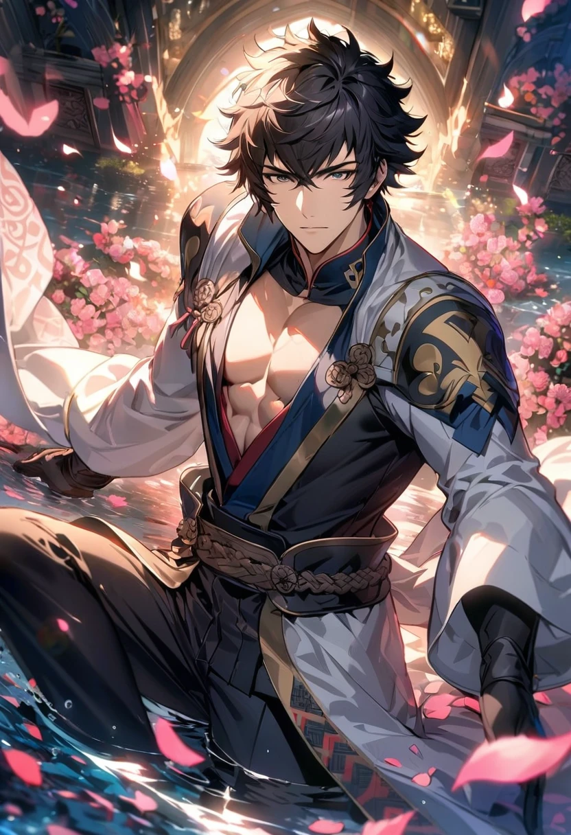 Ultra detailed, Highres, absurdres, HDR, master piece, Lon'qu, black hair, expressive silver eyes, Fire Emblem Awakening, white long coat with patterns, pink flowers, petals, extremely handsome, sexy man, solo, very detailed eyes and face, black gloves, water, pink butterflies, black tight t-shirt, black pants, glittering, toned chest,