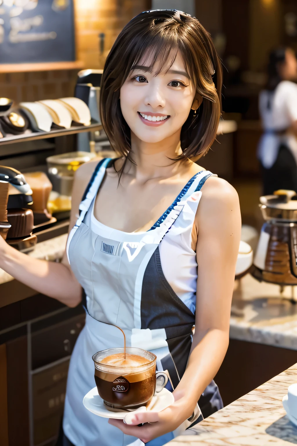 highest quality, Photorealistic, Very detailed, finely, High resolution, 8K Wallpaper, Professional, High level of detail, ((One 18 year old girl:1.2)), Slender Japanese women,Pretty lips, (Beautiful long lashes:1.2)、Detailed clavicle, Perfect Face, (Cute short bob hair:1.5),Top Quality,Ultra-clear resolution,Clear Eyes,Sunburned skin,Perfect large breasts,have perfect legs,Focus on the legs,(Waitress working at a coffee shop:1.5)、(Smiling kindly across the counter:1.5)