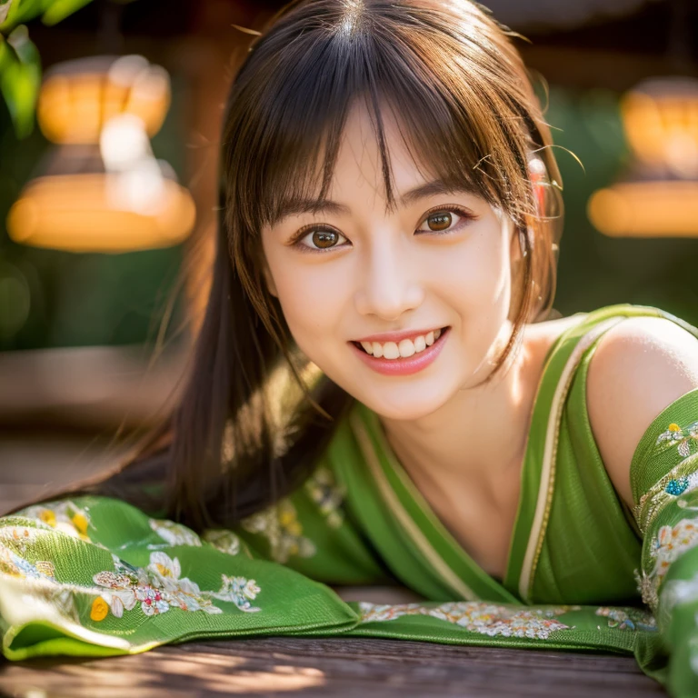 prompt: "(best quality, 8K, highres, masterpiece:1.2), ultra-detailed, (realistic, photorealistic, photo-realistic:1.37), table-top, professional lighting, realistic background, solo, Japanese woman, serene Japanese shrine grounds, laughter, gaze at the viewer, (biologically accurate humans), highly detailed face, intricate eyes, realistic pupils, fair skin"