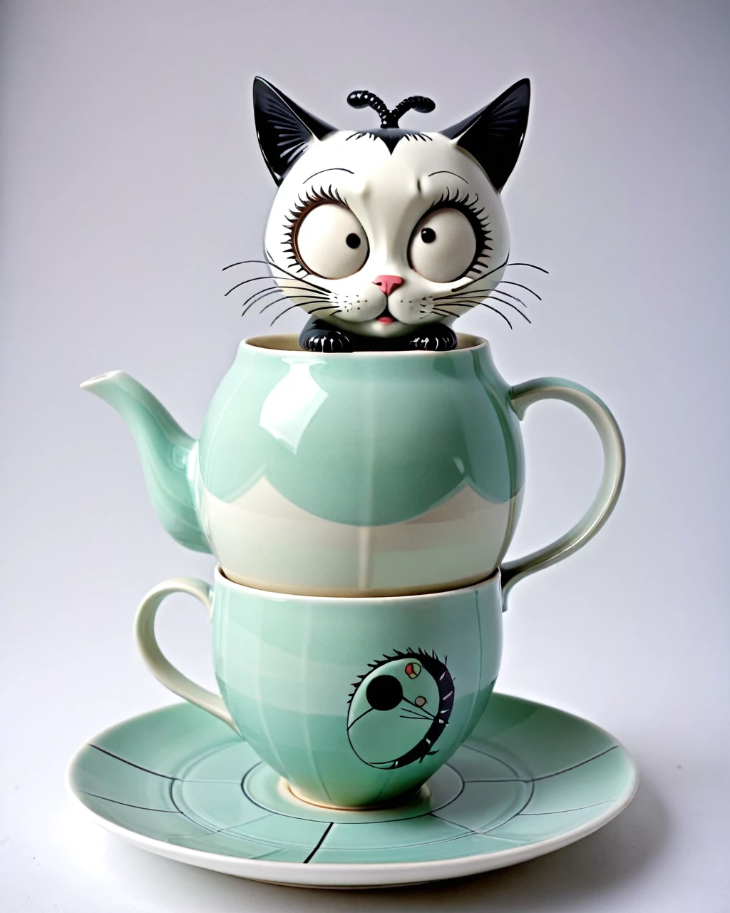 En una fiesta del te, como ocurre en Alicia y el pais de las maravillas. Asuna, con sus enormes ojos estilo anime nos observa mientras bebe te de una taza de una tetera y un platos de ceramica con forma surrealista e imposible geometricamente de gato, mientras revolotean insectos diversos, todo con el estilo de Tim Burton.