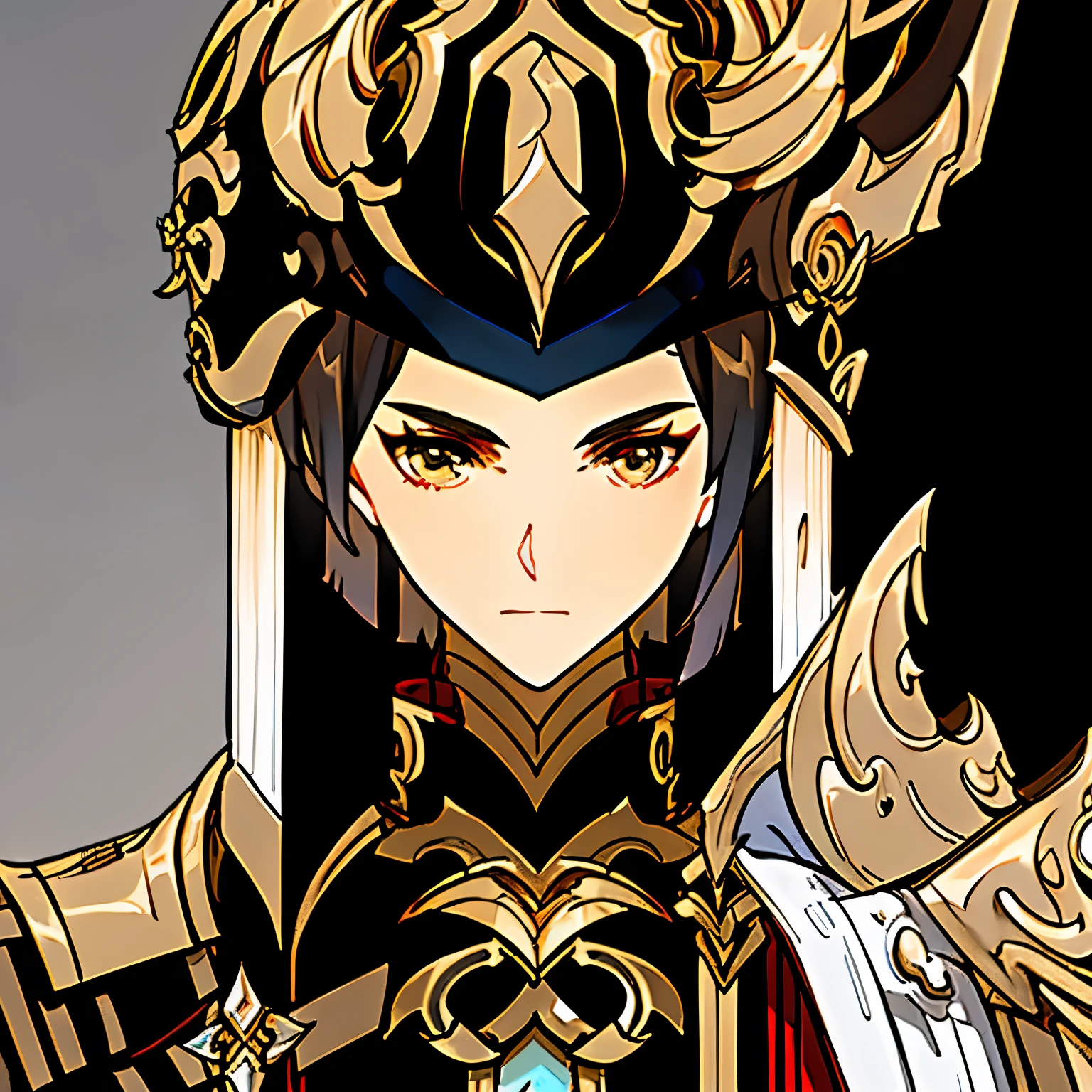 Short hair with gradient, black hair turns white, golden armor, complex outfit, red and gold suit, clothing design, fantasy outfit, red cloak, fantasy style clothing, Anime set style, well-detailed outfit, Knight's Armor, fashionable rpg clothing, helmet, Close-up, young man, Combat clothing, Combat clothing, 1 Man, Combat clothing, Man-боец, Black background, detailed, Layered bangs, serious, Man, Simple clothes