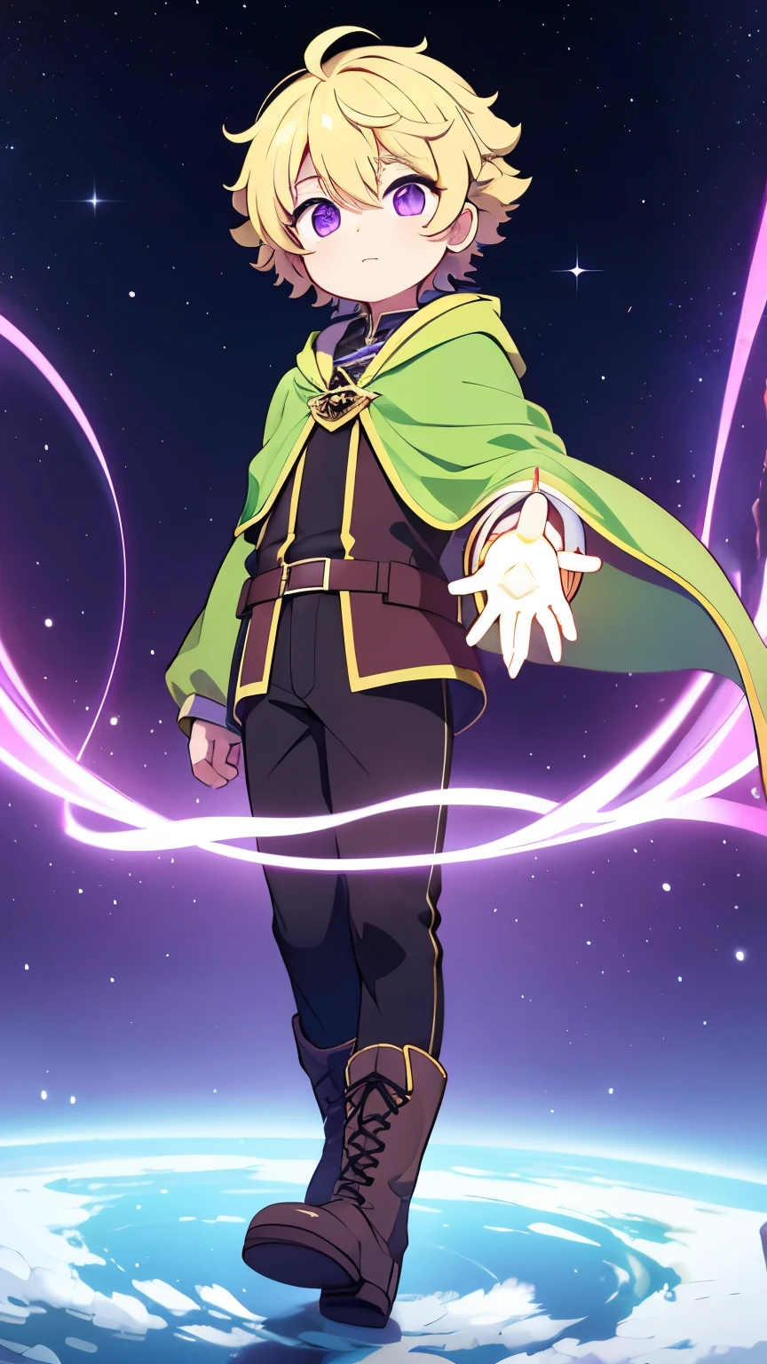 Unknown gender,Age unknown,Yellow-green curly short hair,Purple eyes,White light clothing,Boots underfoot,Holding out his hand, he casts a spell,Flying in the sky,Wizard