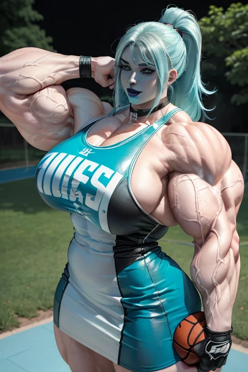 (((((Massive, tall, beautiful, pale white skinned, buff, muscular woman with cyan hair, black lipstick, ginormous bulky muscles, doing bicep curls and wearing a leather cyan basketball Jersey dress))))), (close view), (massive muscle), massive biceps, hyper muscle shoulders, vascular shoulders, hyper muscle triceps, (beachy long hair), purple eyes, (wristbands), choker, sneakers, (in a outdoors park), confident smile, night, hyper vascular arm, hyper muscles arms, hyper muscle legs, massive arms.
