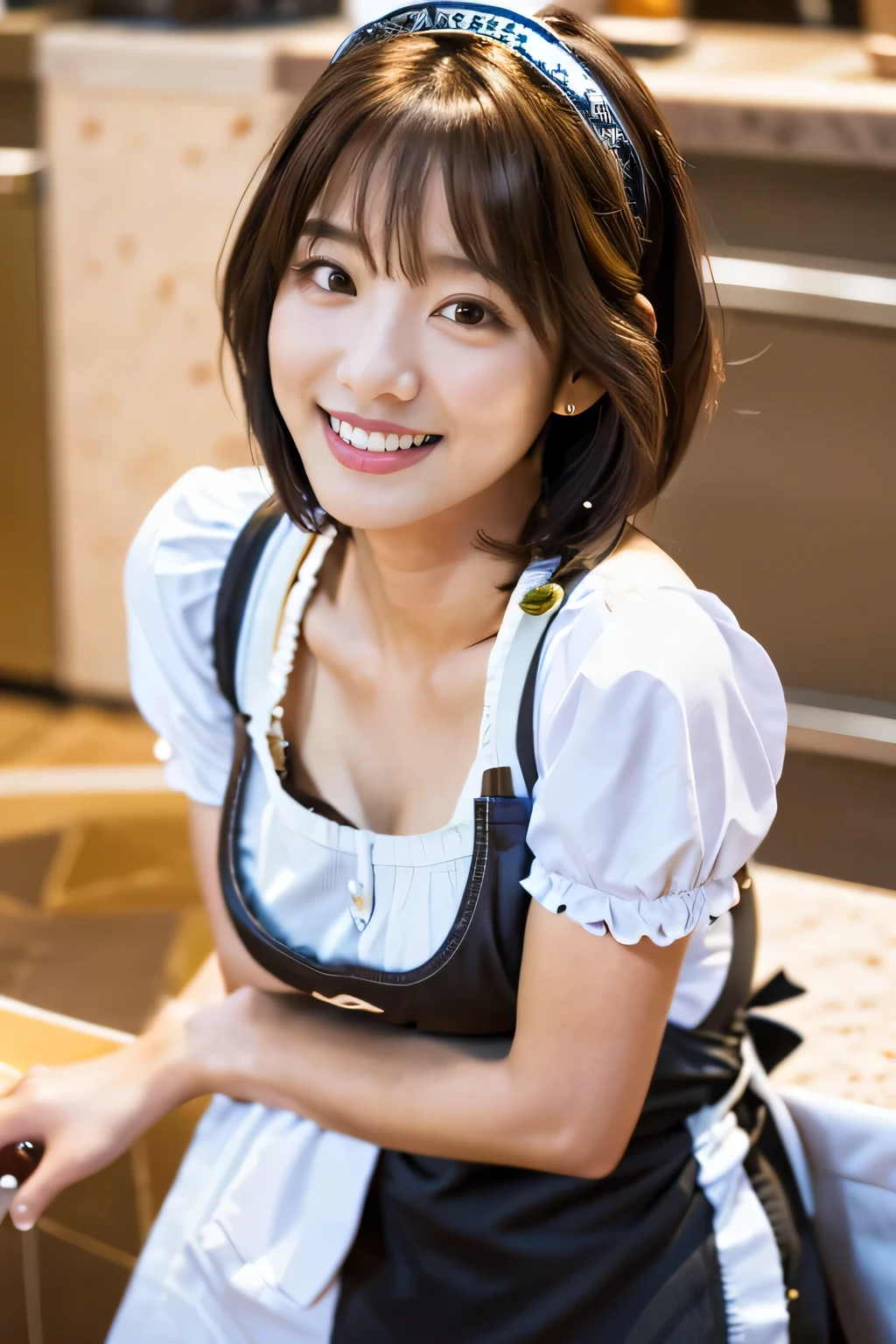 highest quality, Photorealistic, Very detailed, finely, High resolution, 8K Wallpaper, Professional, High level of detail, ((One 18 year old girl:1.2)), Slender Japanese women,Pretty lips, (Beautiful long lashes:1.2)、Detailed clavicle, Perfect Face, (Cute short bob hair:1.5),Top Quality，Ultra-clear resolution，Clear Eyes，Sunburned skin，Perfect large breasts，have perfect legs，Focus on the legs，(Waitress working at a coffee shop:1.5)、(Smiling kindly across the counter:1.5)