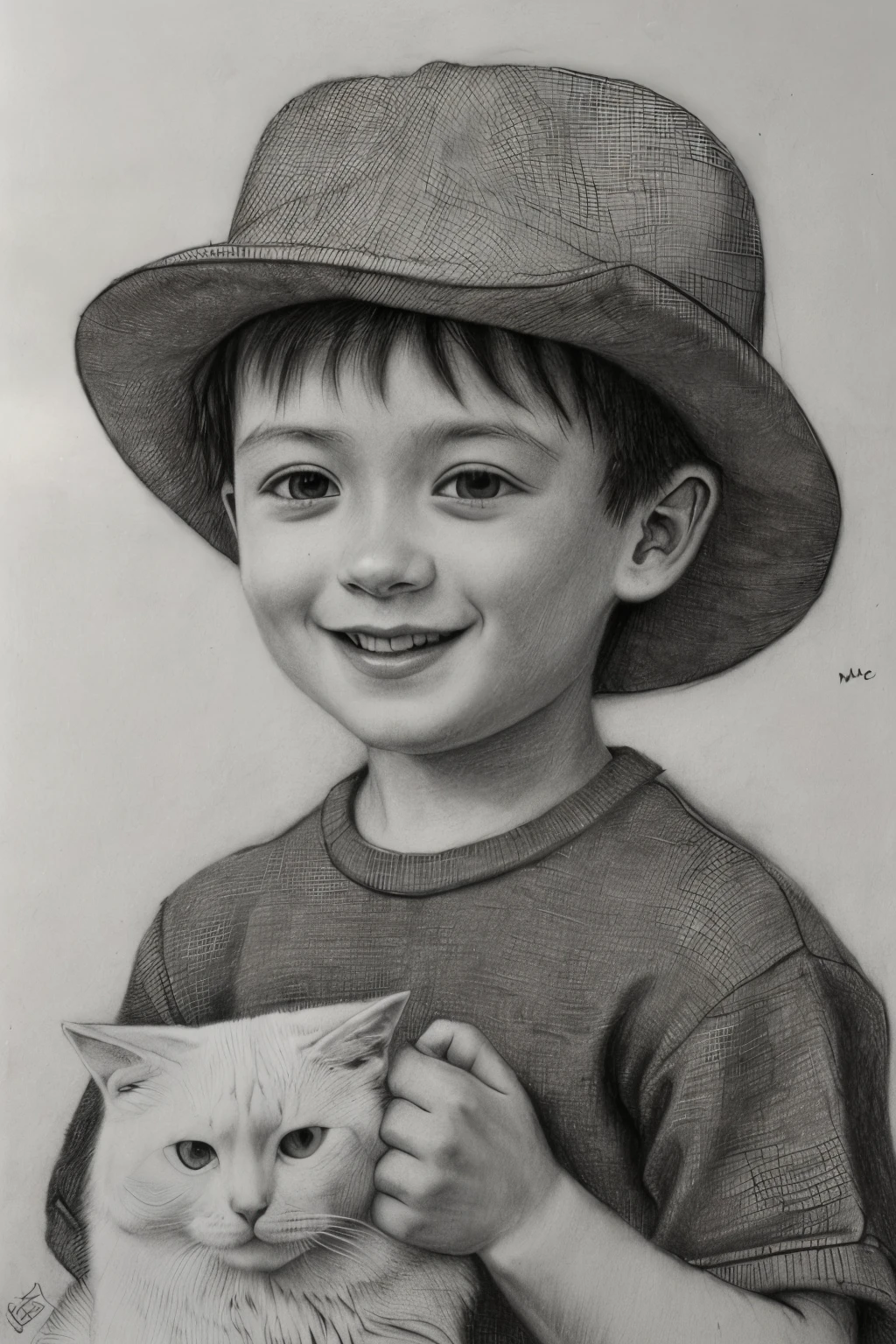 pencil drawing,(masterpiece, best quality, high resolution, absurdres, intricate details:1.3),monochrome,1boy,hat,smile,holding a cat,tree,cloud,