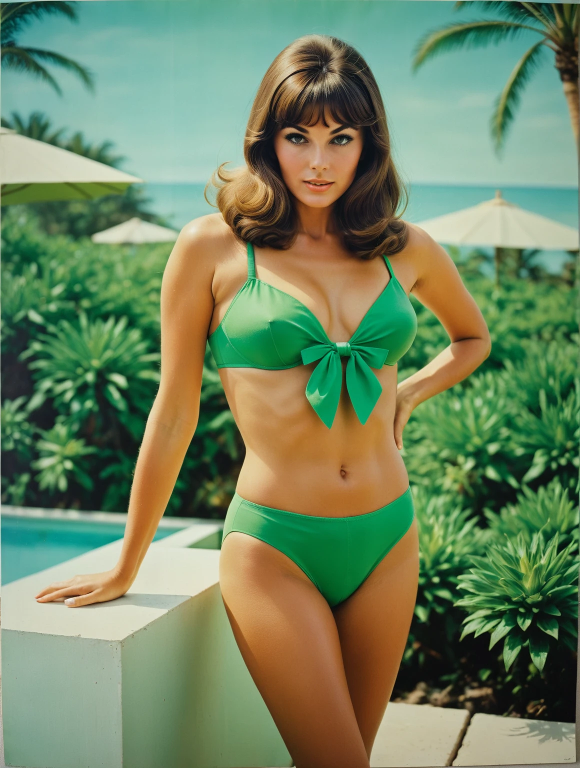 best quality, 8K, RAW photo, photorealistic, absolutely resolution, ultra detailed, extremely intricate, perfect color balance image, arafed woman in green bikini and panties posing for a picture, vintage 60s print, vintage 60s photo, 60s photo poster, 60s poster, late 1960's, 1960s advertisement photo, vintage showcase of the 60s, circa 1970,