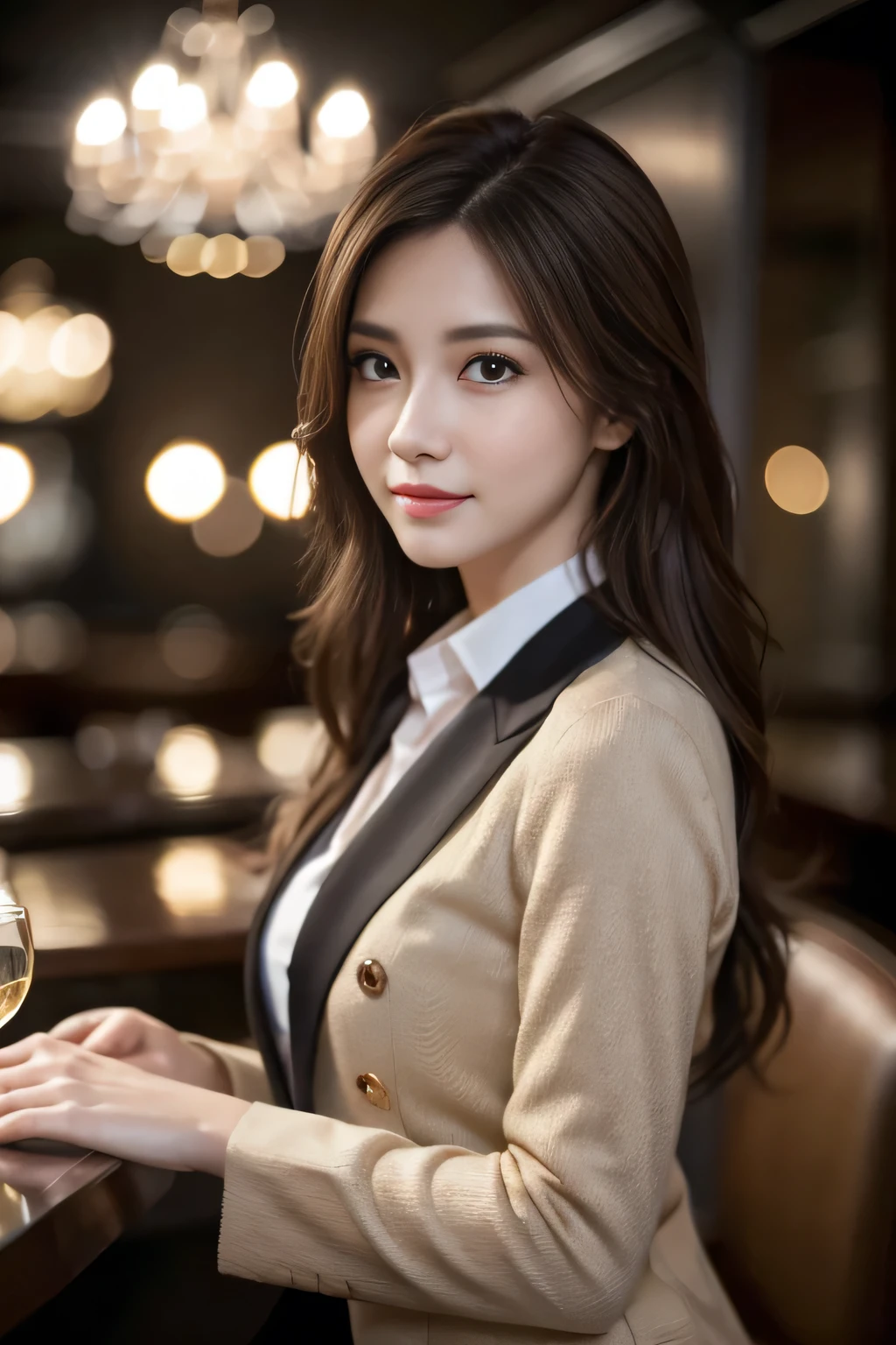masterpiece, highest quality, Realistic, Very detailed, Finer details, High resolution, 8k wallpaper, One beautiful woman, Wear casual business attire, In a great restaurant, At night, Light brown messy hair, Perfect dynamic composition, Beautiful and beautiful eyes