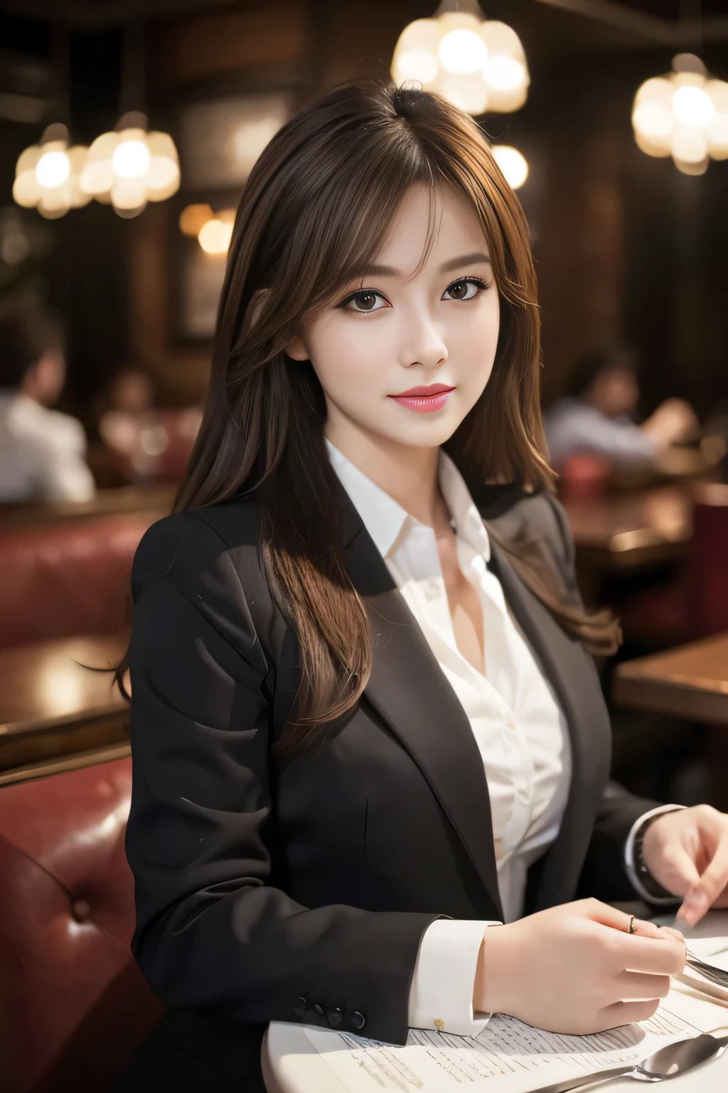 masterpiece, highest quality, Realistic, Very detailed, Finer details, High resolution, 8k wallpaper, One beautiful woman, Wear casual business attire, In a great restaurant, At night, Light brown messy hair, Perfect dynamic composition, Beautiful and beautiful eyes