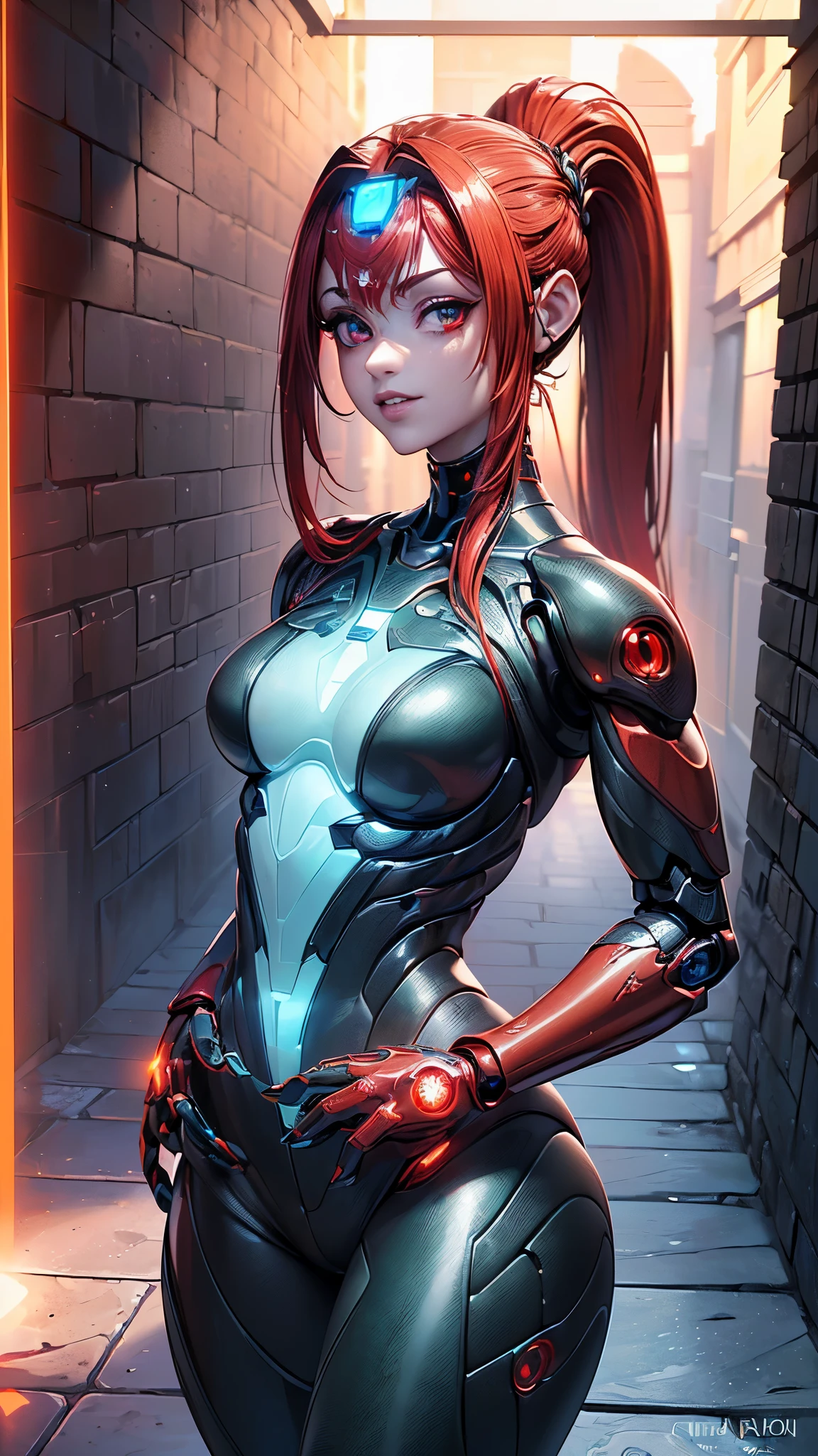 Full-body cybernetic girl with a ponytail. Bright red color to show that she is a cybernetic girl. Roupas como tomb raider, mas com saia. She also has blue eyes. The environment is like a terminator. hair is black. She is illuminated with the bright red color on one side of her face. Conduzido como.  And both hands also have the led light.