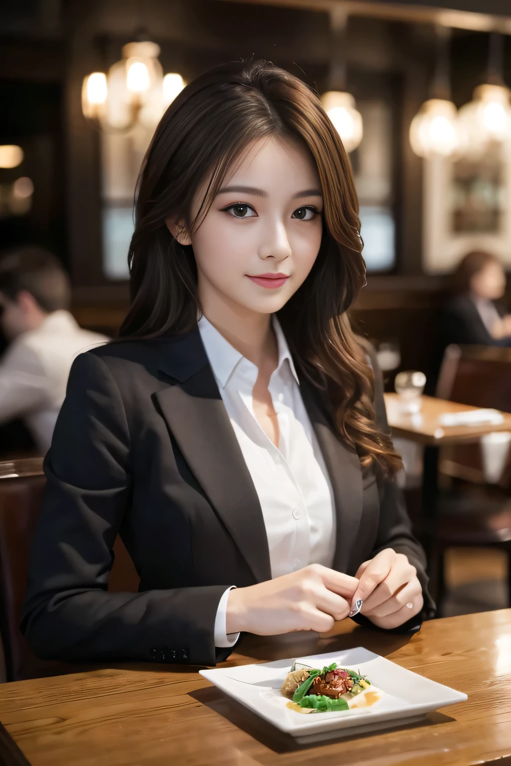 masterpiece, highest quality, Realistic, Very detailed, Finer details, High resolution, 8k wallpaper, One beautiful woman, Wear casual business attire, In a great restaurant, At night, Light brown messy hair, Perfect dynamic composition, Beautiful and beautiful eyes
