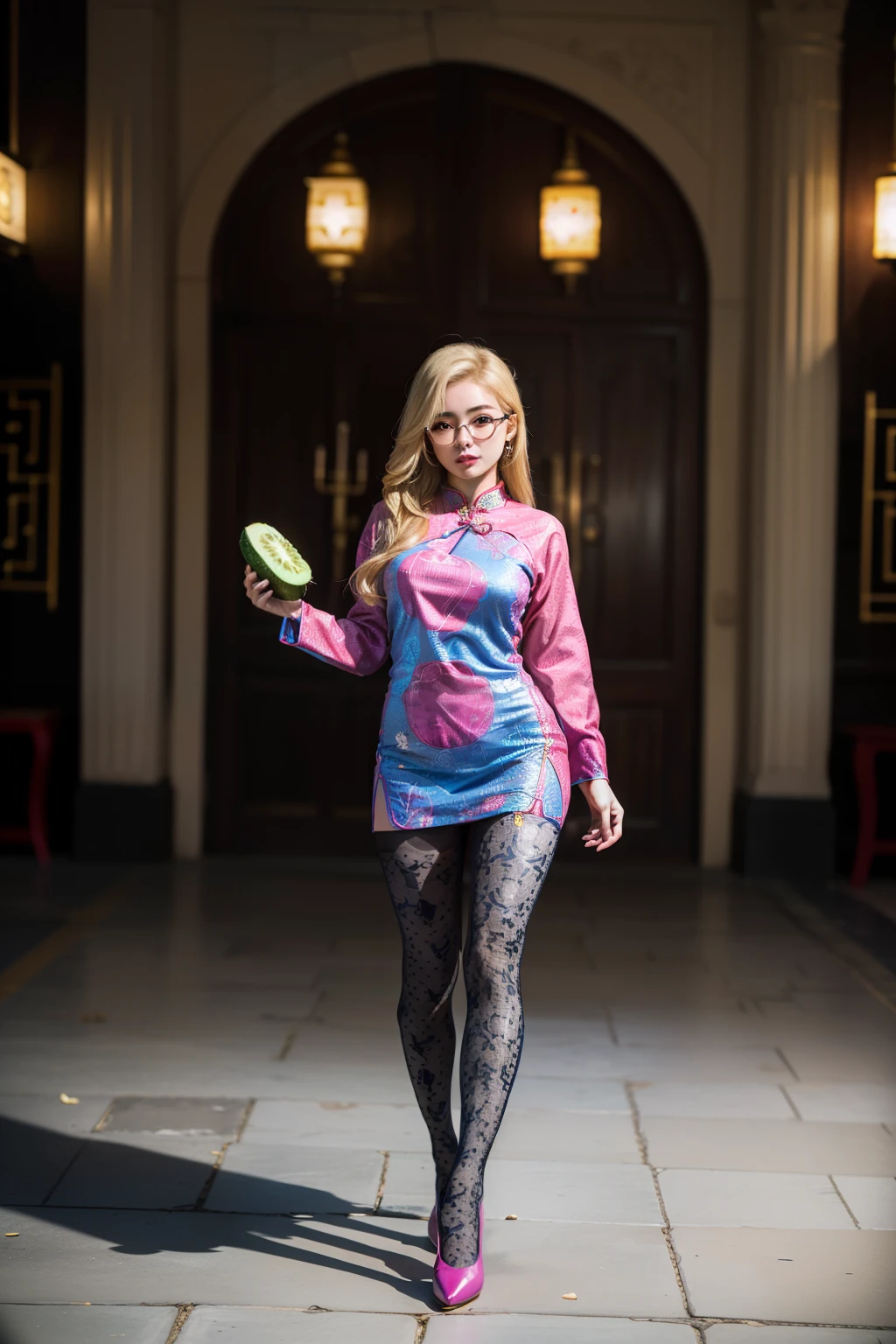 Black shot hair,(full body:1.5),(((only one girl)):1.4),(view the viewer:1.4),((anatomy correct):1.45),(((dancing in the palace, Perfectly integrated background))):1.3),(she wears large glasses and Holding cucumber in her hand:1.2),(shy:1.15),((red cheongsam's set):1.2),(((((((patterns)))))) ,((thick pantyhose)):1.3),( Uniform high heels leather shoes with bows for female students:1.1),((Long legs and large chest):1.3),((((colorful))):1.4),(Accurate and perfect face:1.3),((blonde):1.2),hyper HD, Ray traching, reflective light, structurally correct, Award-Awarded, high detail, lighten shade contrast, Face lighting ,cinematic lighting, masterpiece, super detailing, high quality, high detail, best quality, 16k,High contrast,