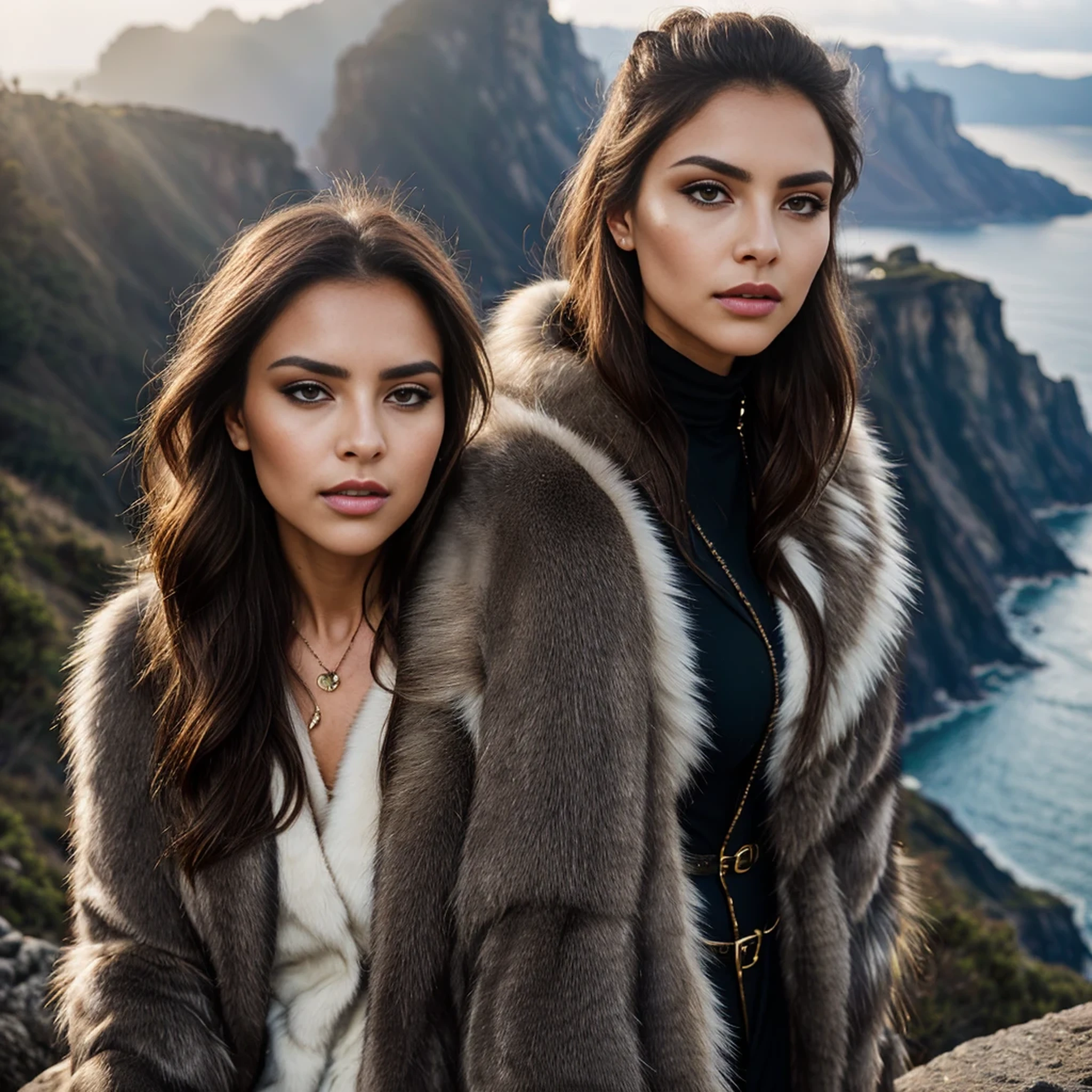 chrrblssm (sharp focus:1.2), photo, attractive young woman, (beautiful face:1.1), detailed eyes, luscious lips, (smokey eye makeup:0.85), wearing (fur coat:1.2) on a (cliffside:1.2). (moody lighting:1.2), depth of field, bokeh, 4K, HDR. by (James C. Christensen:1.2|Jeremy Lipking:1.1).