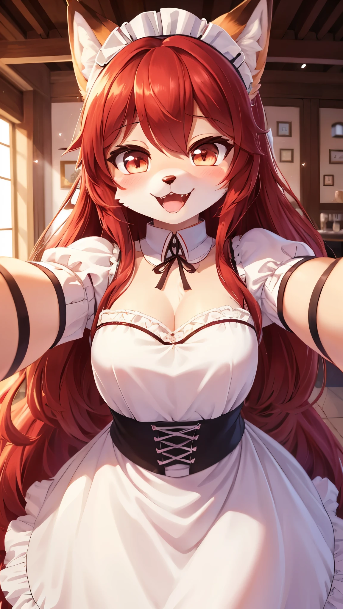 best quality,best resolution,(fluffy anthro furry :1.6),(young :1.6),fox girl,small breasts,red hair,long hair,wavy hair,curvy hair,orage fur,glistering eyes,sparkle eyes,maid outfit,maid headdress,maid gloves,ruffles,beautiful cafe,white light,looking at viewer,full face blush,naughty face,smile,heart eyes,heart expression eyes,open mouth,heavy breath,close up,face to face,solo,two hands selfie,front view