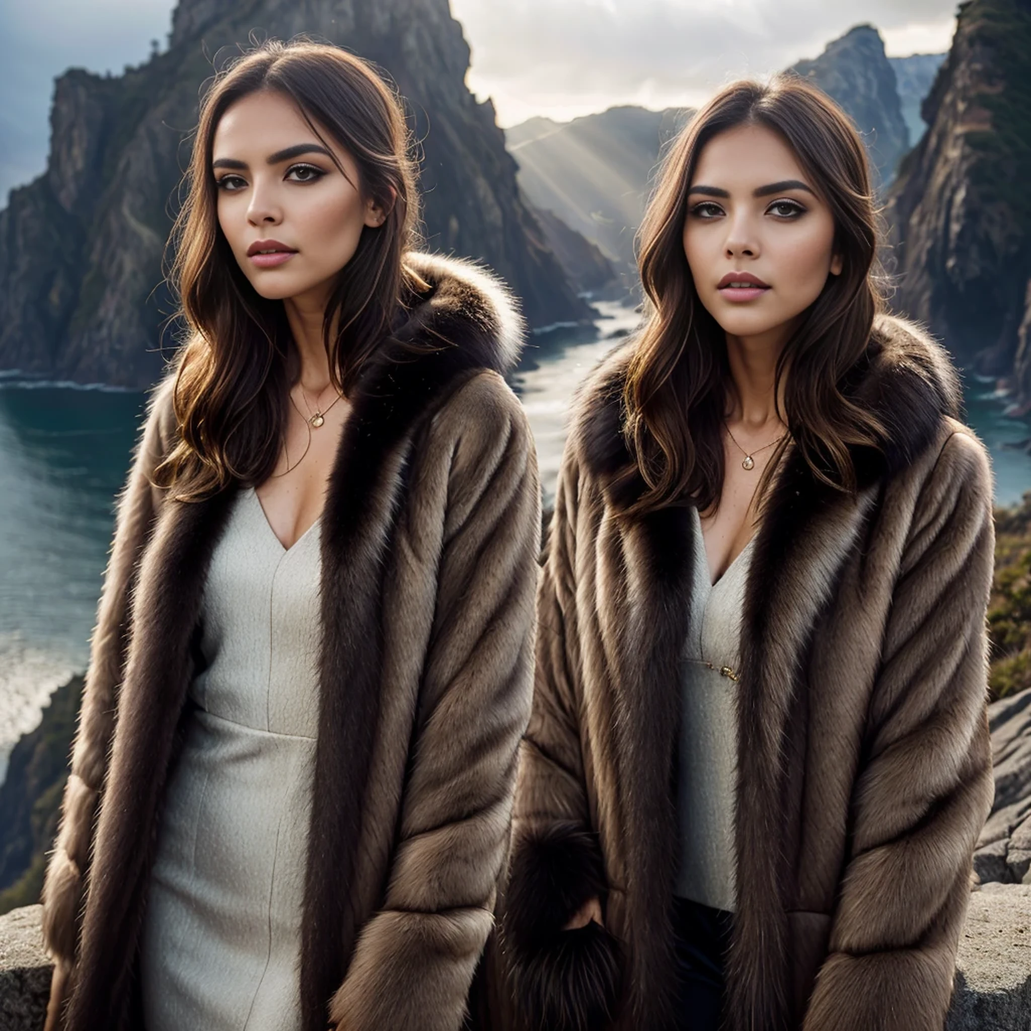 chrrblssm (sharp focus:1.2), photo, attractive young woman, (beautiful face:1.1), detailed eyes, luscious lips, (smokey eye makeup:0.85), wearing (fur coat:1.2) on a (cliffside:1.2). (moody lighting:1.2), depth of field, bokeh, 4K, HDR. by (James C. Christensen:1.2|Jeremy Lipking:1.1).