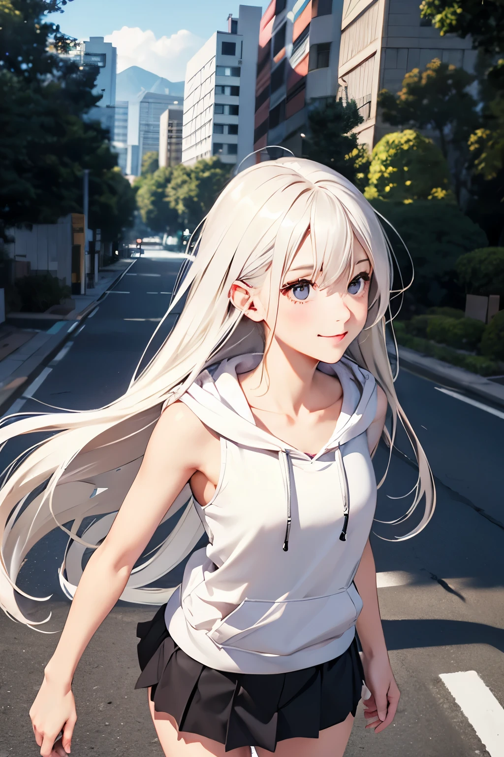 highest quality、Realistic、Women、Japanese、zoom、look up、cute、smile、Gray eyes、Platinum Blonde Hair、long hair、White sleeveless hoodie、mini skirt、slender、Small breasts