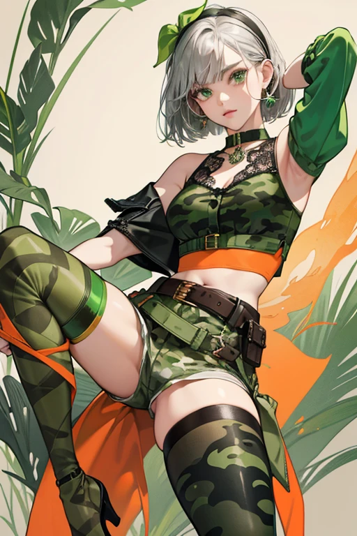 Anna wears her hair in a neck length short bob hairstyle. wears a green, camouflage patterned vest with an orange bustier top underneath and a wide, darker orange belt around the waist with a large silver buckle. She wears shorts to match her bustier with four silver buttons at the front, and green thigh-highs with a black band and a black lace hem at the top. Anna also wears green, warrior-styled heels with straps wrapping up to her upper calf and three silver buckles on each leg at the outer side, as well as dark orange soles and heels to match her belt. This outfit is accessorized with silver bangles around her right arm, a silver choker, green camouflage elbow cuffs, a dark orange armlet on her left, upper arm, and a green camouflage hairband. SPARKLE; GLITTER