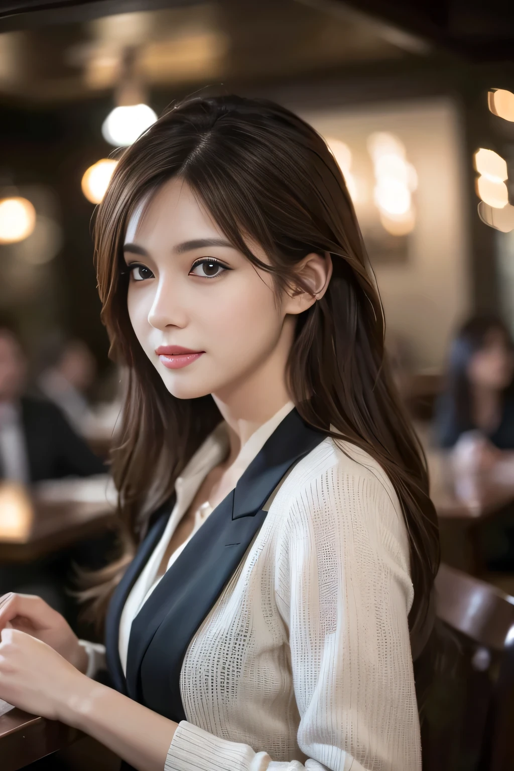 masterpiece, highest quality, Realistic, Very detailed, Finer details, High resolution, 8k wallpaper, One beautiful woman, Wear casual business attire, In a great restaurant, At night, Light brown messy hair, Perfect dynamic composition, Beautiful and beautiful eyes