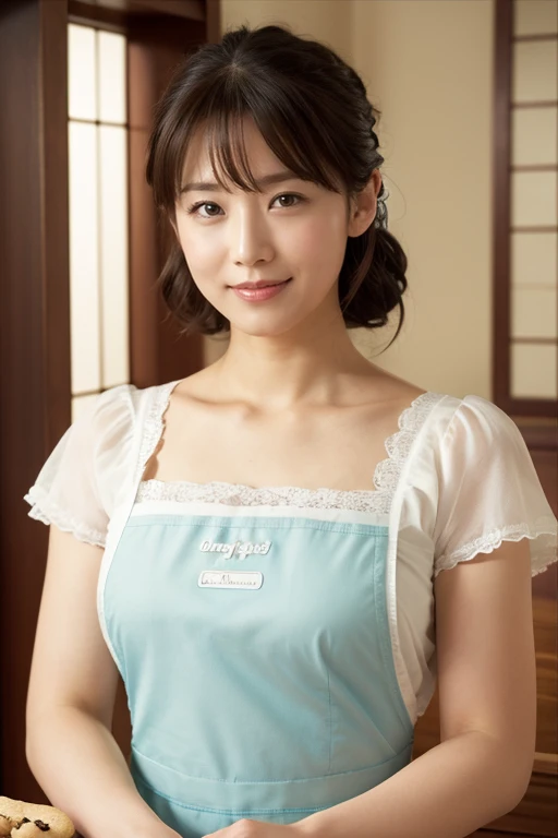 Medium View, Medium Shot, Written boundary depth, bust, Upper Body, Cinematic Angles, masterpiece, highest quality, Very detailed, cg, 8K Wallpaper, Beautiful Face, Delicate eyes, Otome, alone, smile, bangs, have,apron dress, bake cookie,