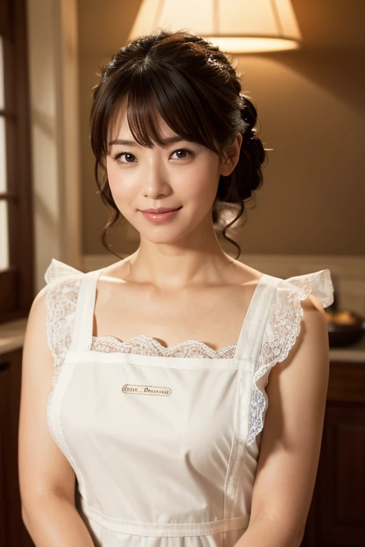 Medium View, Medium Shot, Written boundary depth, bust, Upper Body, Cinematic Angles, masterpiece, highest quality, Very detailed, cg, 8K Wallpaper, Beautiful Face, Delicate eyes, Otome, alone, smile, bangs, have,apron dress, bake cookie,