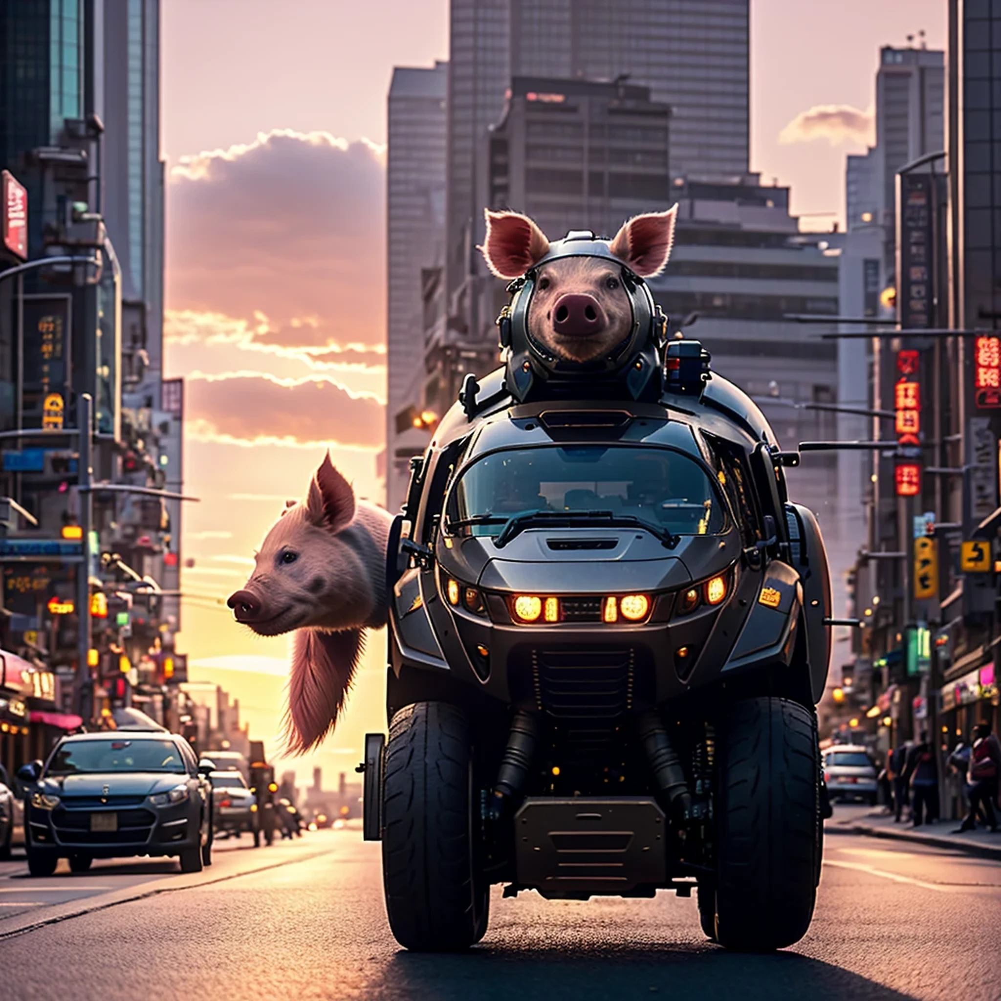 A piglet in armor and a  on the street, city street sunset, movie lighting, movie shooting AR 9:16 -N 6-G, Japonisme 3 D 8 K hyper-detailed, realistic street view, octane rendering. Author: Makoto Shinkai, realistic afternoon lights, Akihiko Yoshida. Unreal Engine, anime style. 8K