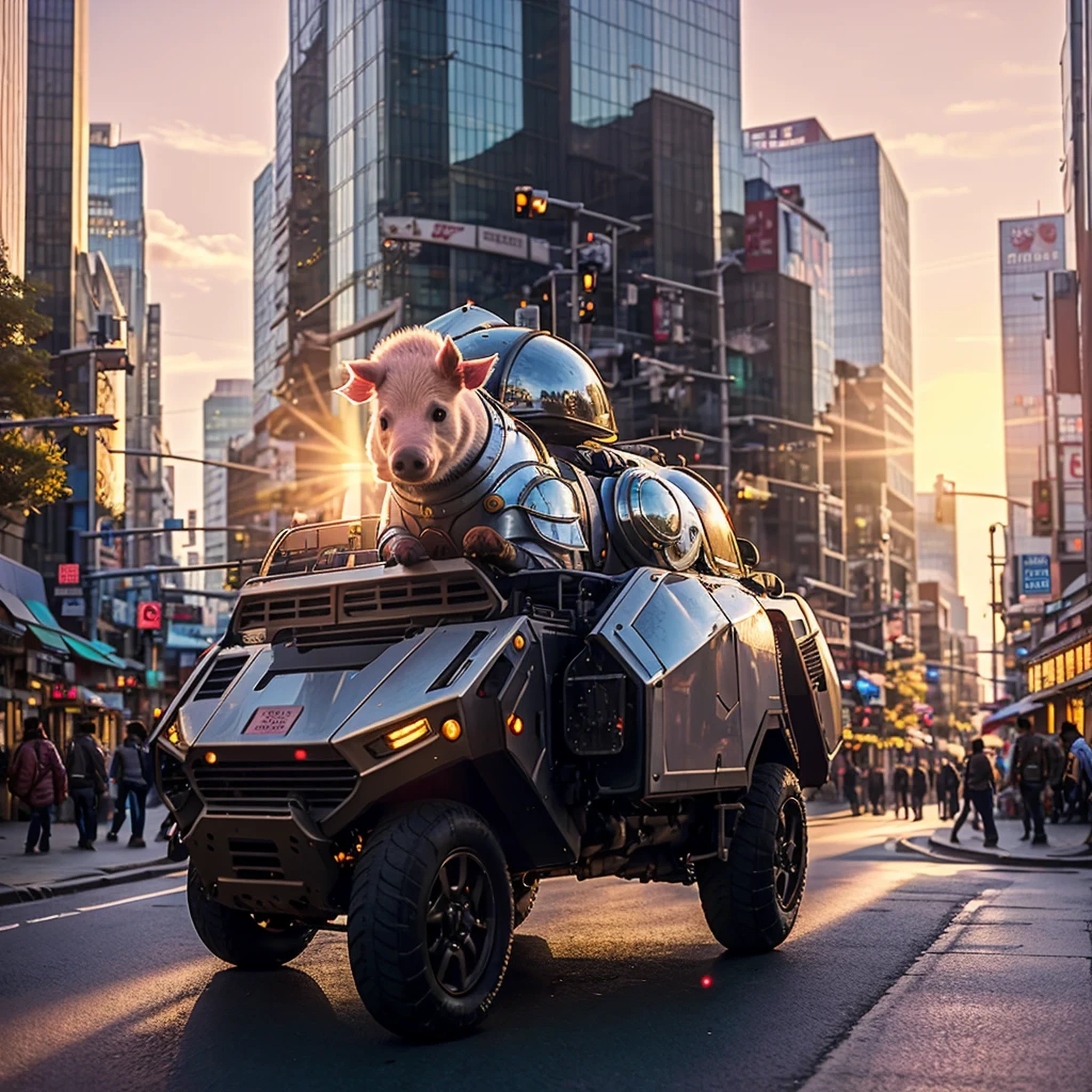 A piglet in armor and a  on the street, city street sunset, movie lighting, movie shooting AR 9:16 -N 6-G, Japonisme 3 D 8 K hyper-detailed, realistic street view, octane rendering. Author: Makoto Shinkai, realistic afternoon lights, Akihiko Yoshida. Unreal Engine, anime style. 8K