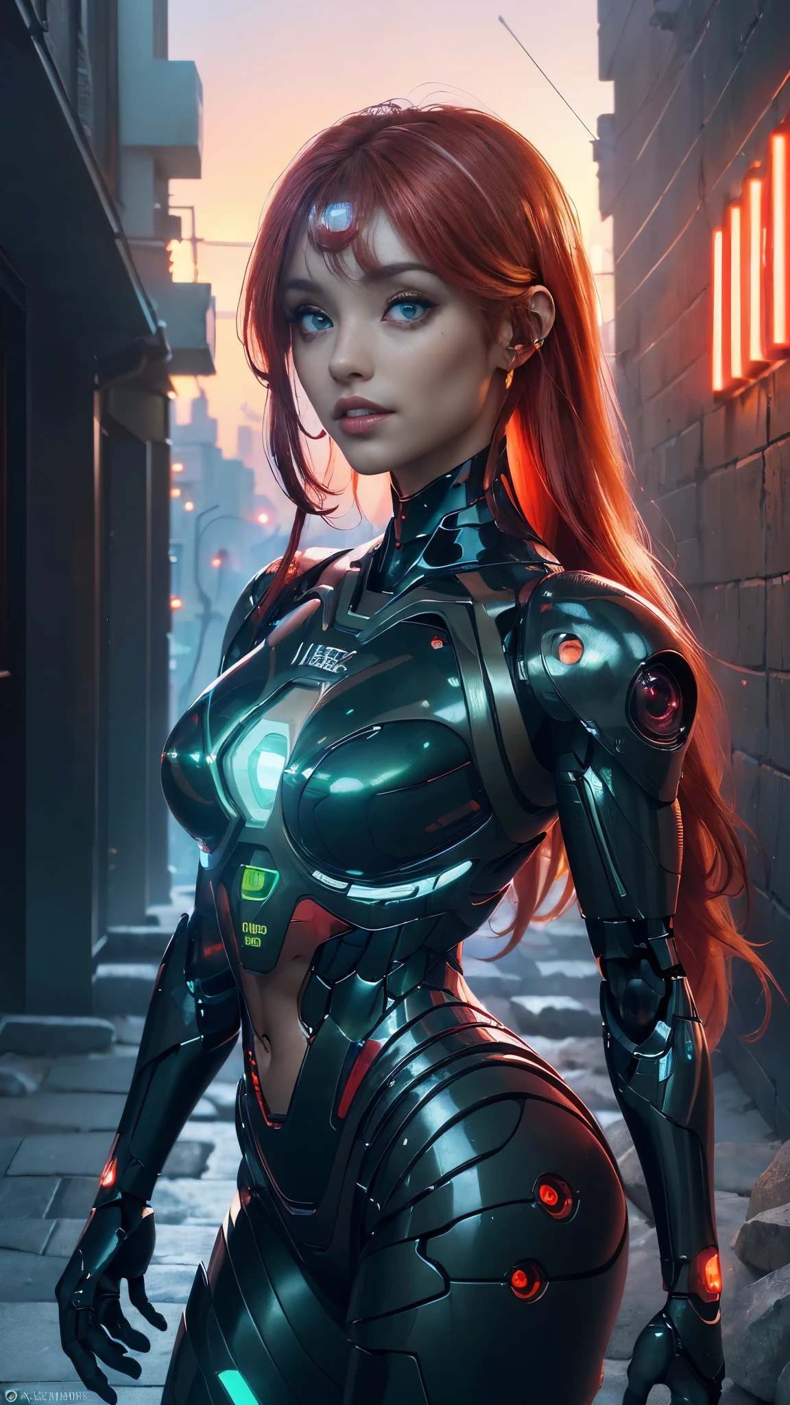(Vista trasera, vista trasera),,(obra maestra:1.4), ((Mejor calidad:1.4 ),,Ariana Grande, (Organic Cyborgs:1.4) , sonrisa adorable,(plastico rojo:1.4) , diffuse lighting, Elegante, intrincado, elegant, muy detallado, natural, Fotorrealista, Pintura Digital, estaciones de arte, illustration, arte conceptual, semillas, sharp focus, El arte de John Collier y Albert Obright y Krenz Kusart y Artem Demura,foto del cuerpo, (background alley walls big stones night cyberpunk :1.4), (ojos perfectos y detallados rojos :1.4 ), (perfect anatomy), {-erro_de_anatomy:1.0}, (colores brillantes), (red cyborg human hybrid :1.4), Noche, (hermosa inteligencia artificial transparent rojo:1.4), (verde mechanical cyborg :1.4), (circuito cyborg), (medias rojas brillantes/pantys transparente :1.4),(obra maestra:1.3), ((Mejor calidad:1.3),
