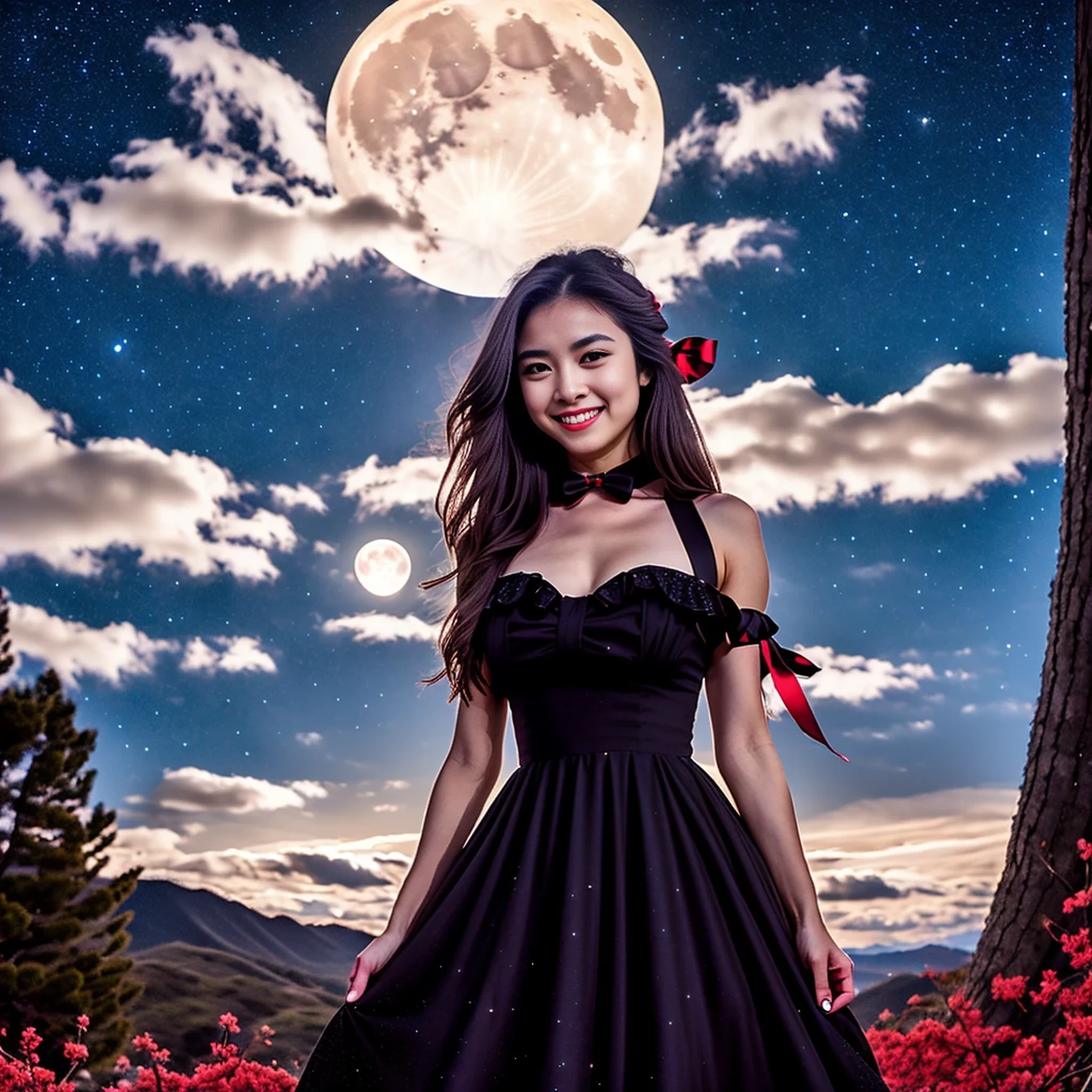 masterpiece, best quality, detailed, 1girl, solo, night sky, outdoors, full moon, stars, clouds, night,,  dark sakura, (black dress), long hair, evil smile, red ribbon, striped, thighs