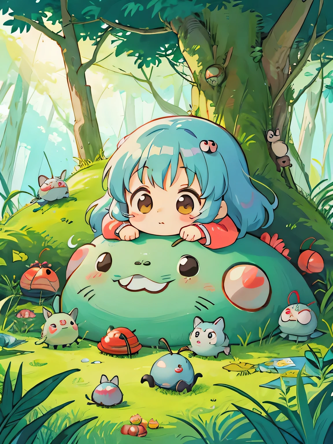 hayao miyazaki style, Kawaii Design, The most beautiful girl of all time、Chibi, Cute and colorful pillbugs、play together、Lots of pillbugs、Totoro Forest