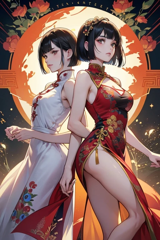 Anna wears her hair in a neck length short bob hairstyle. While Anna retained her trademark dress as her primary costume in Tekken 5, its design received a slight revamp and seems influenced by the Chinese cheongsam with some western modifications. It features a traditional mandarin neckline and covers Anna's back entirely, but is completely sleeveless, has a cleavage opening, and has a slit down the left side of the dress. The fabric of the dress seems to be satin brocade featuring Chinese symbols overlaid with floral designs. The length is shortened slightly to end above the ankles and the peacock design is embroidered more prominently towards the center of the lower half of the dress. SPARKLE; GLITTER