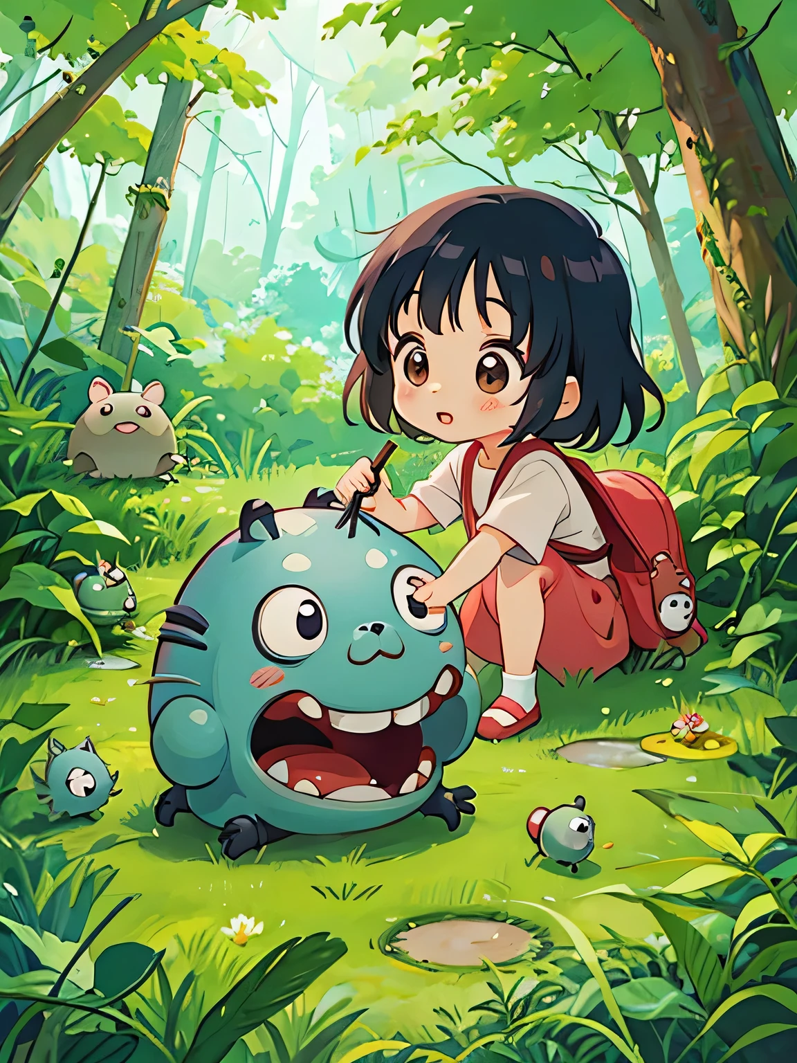 hayao miyazaki style, Kawaii Design, The most beautiful girl of all time、Chibi, Cute and colorful pillbugs、play together、Lots of pillbugs、Totoro Forest
