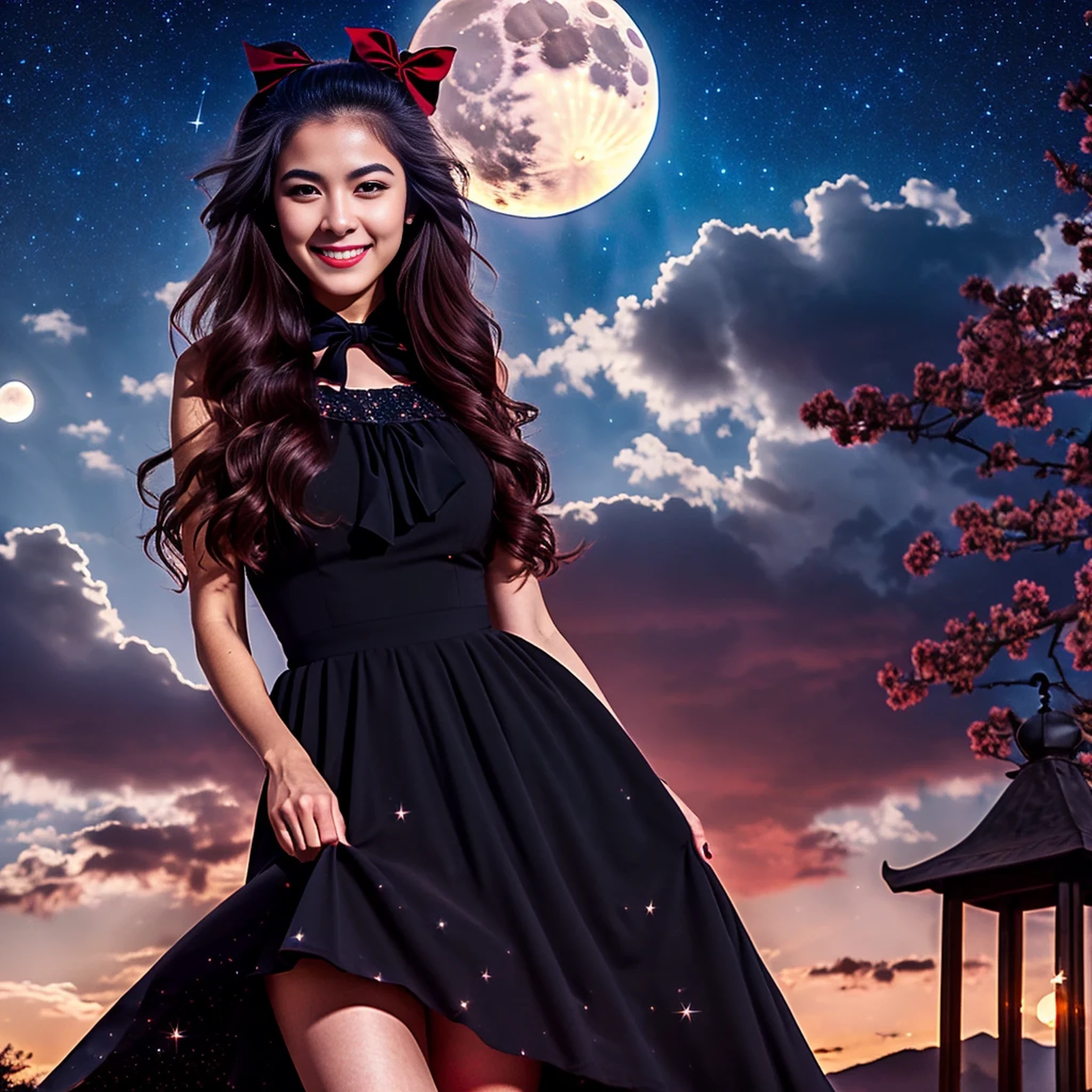 masterpiece, best quality, detailed, 1girl, solo, night sky, outdoors, full moon, stars, clouds, night,,  dark sakura, (black dress), long hair, evil smile, red ribbon, striped, thighs