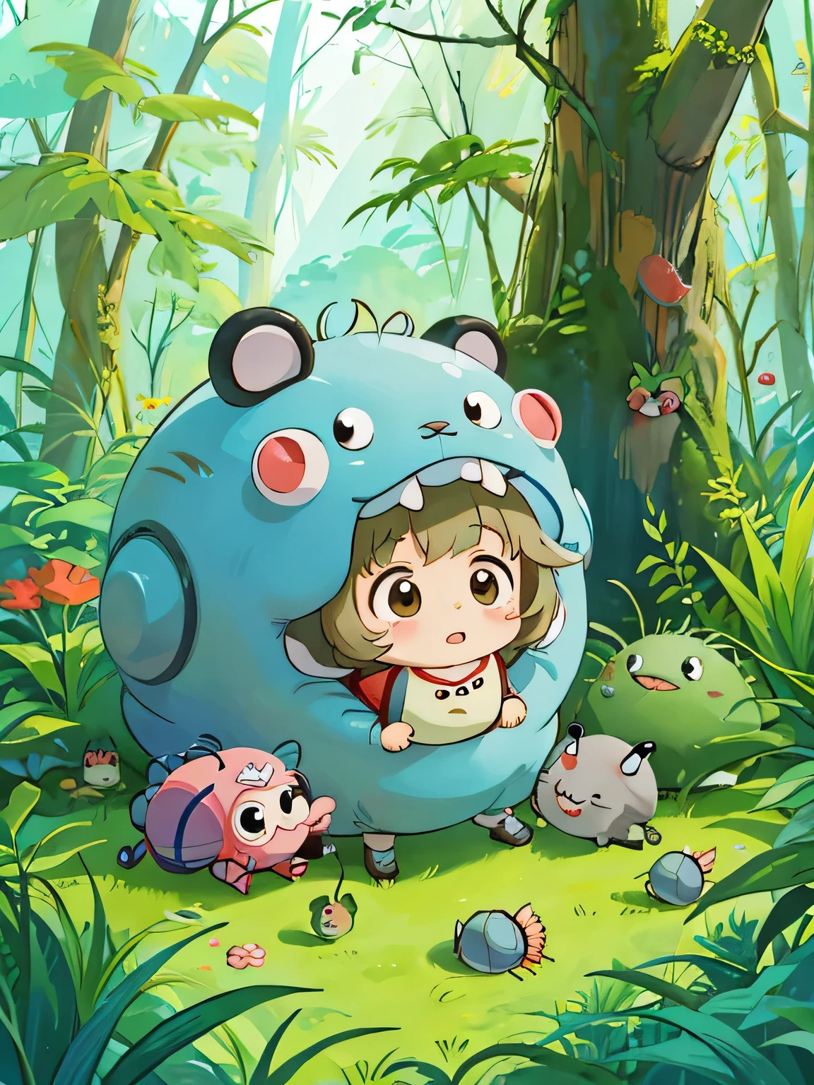 hayao miyazaki style, Kawaii Design, The most beautiful girl of all time、Chibi, Cute and colorful pillbugs、play together、Lots of pillbugs、Totoro Forest