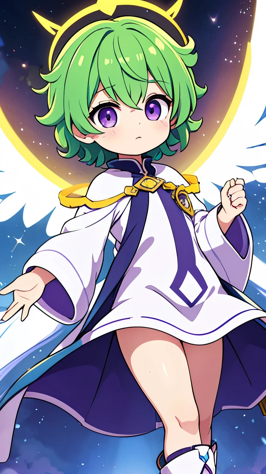 Unknown gender,Age unknown,Yellow-green curly short hair,Purple eyes,White clothes,Boots underfoot,Holding out his hand, he casts a spell,Flying in the sky,Wizard