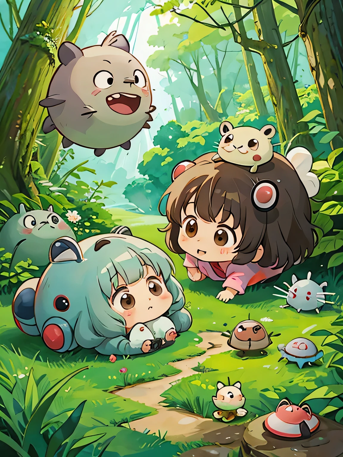 hayao miyazaki style, Kawaii Design, The most beautiful girl of all time、Chibi, Cute and colorful pillbugs、play together、Lots of pillbugs、Totoro Forest