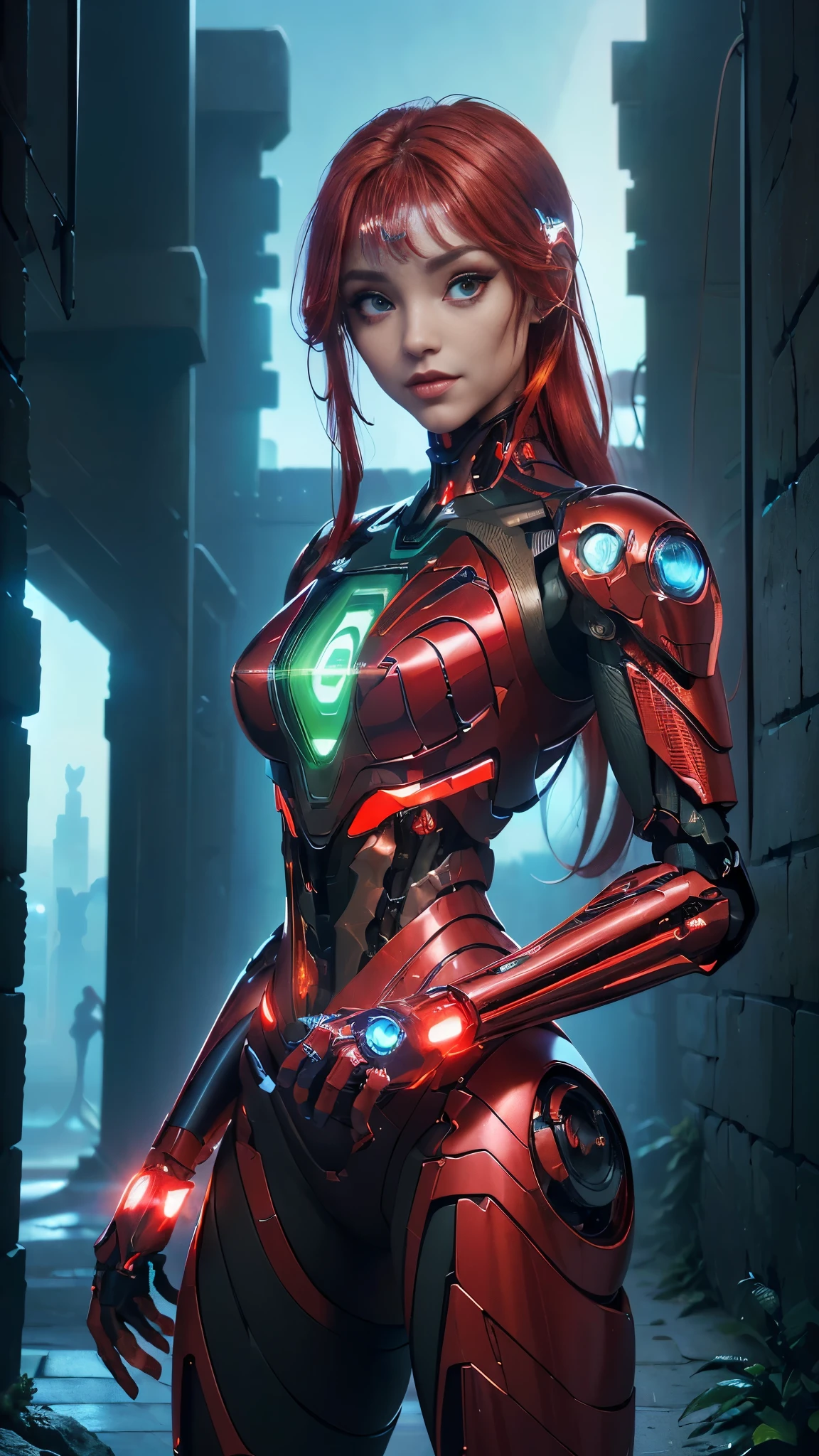 (Vista trasera, vista trasera),,(obra maestra:1.4), ((Mejor calidad:1.4 ),,Ariana Grande, (Organic Cyborgs:1.4) , sonrisa adorable,(plastico rojo:1.4) , diffuse lighting, Elegante, intrincado, elegant, muy detallado, natural, Fotorrealista, Pintura Digital, estaciones de arte, illustration, arte conceptual, semillas, sharp focus, El arte de John Collier y Albert Obright y Krenz Kusart y Artem Demura,foto del cuerpo, (background alley walls big stones night cyberpunk :1.4), (ojos perfectos y detallados rojos :1.4 ), (perfect anatomy), {-erro_de_anatomy:1.0}, (colores brillantes), (red cyborg human hybrid :1.4), Noche, (hermosa inteligencia artificial transparent rojo:1.4), (verde mechanical cyborg :1.4), (circuito cyborg), (medias rojas brillantes/pantys transparente :1.4),(obra maestra:1.3), ((Mejor calidad:1.3),