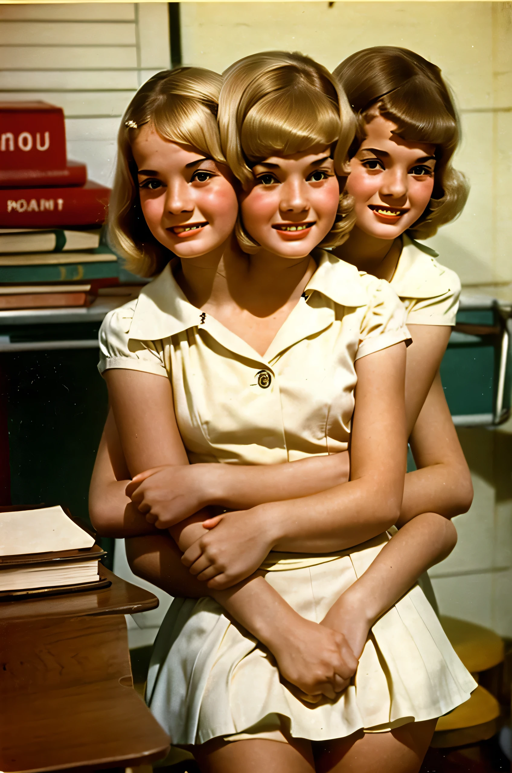 2heads, closeup shot of a three-headed girl, age 24, bookish, cute, blonde, in school, four arms, vintage photo from the 1960s,