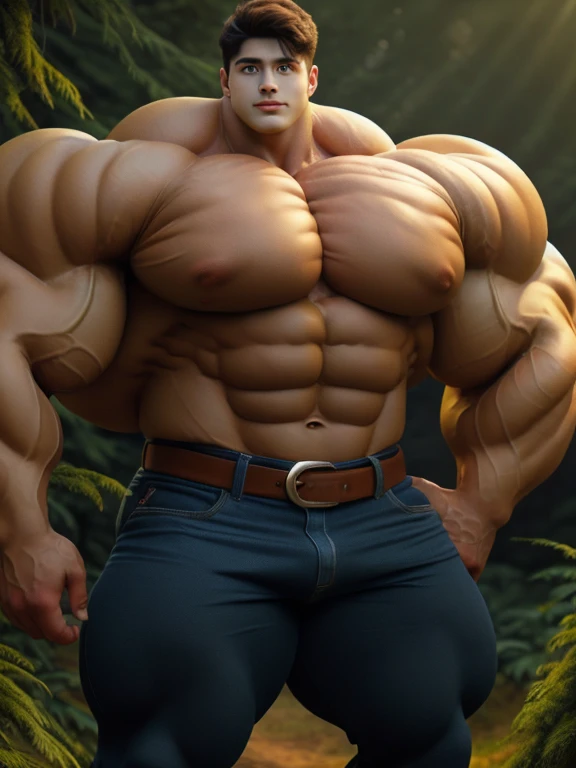 1boy, giant, model shoot style, looking at viewer, standing, illuminating light, golden hour, outdoor, strong body, bulk, swollen, buff body, large size, wide pecs, huge arms, vascular, posing, in the forest, brown shirt, belt, & pants, prominent bulge, brutalmass