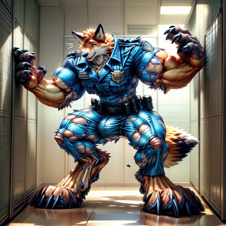 A human police officer (((((partially transformed))))) into an (anthro muscle red fox, blue eyes) in a (police station). (((human legs))), ((big paws)), (shocked expression), ((gign uniform)), broad shoulders, big biceps, big pecs, big thighs, hyper giant bulge (((big feet))), (detailed fox face), male focus, detailed eyes, high quality, best quality, concept art, photorealistic (((midtransformation)))