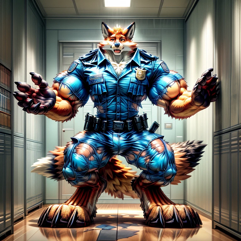 A human police officer (((((partially transformed))))) into an (anthro muscle red fox, blue eyes) in a (police station). (((human legs))), ((big paws)), (shocked expression), ((gign uniform)), broad shoulders, big biceps, big pecs, big thighs, hyper giant bulge (((big feet))), (detailed fox face), male focus, detailed eyes, high quality, best quality, concept art, photorealistic (((midtransformation)))