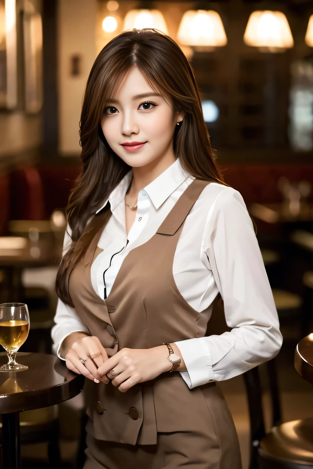masterpiece, highest quality, Realistic, Very detailed, Finer details, High resolution, 8k wallpaper, One beautiful woman, Wear casual business attire, In a great restaurant, At night, Light brown messy hair, Perfect dynamic composition, Beautiful and beautiful eyes