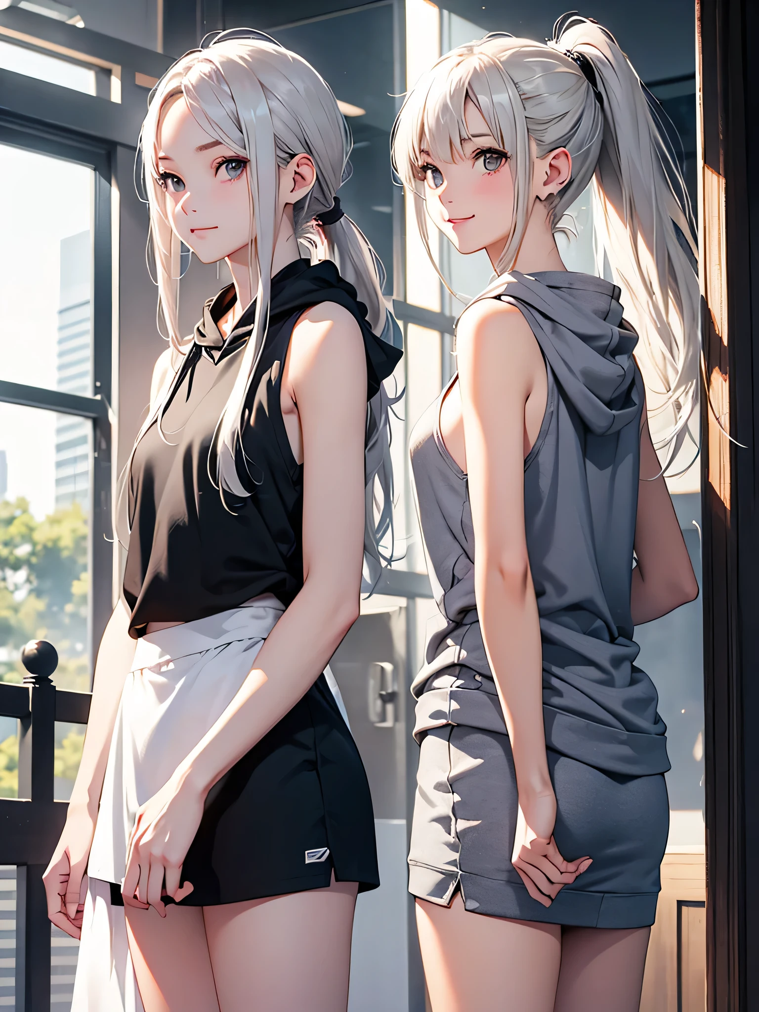 highest quality、Realistic、Women、Japanese、zoom、look up、cute、smile、Gray eyes、Platinum Blonde Hair、long ponytail、White sleeveless hoodie、mini skirt、slender、Small breasts