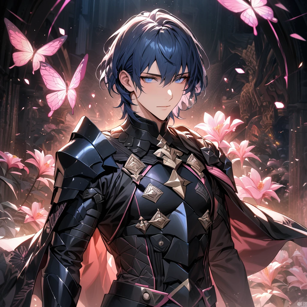 absurdres, highres, ultra detailed, HDR, master piece, best quality, Byleth, short dark blue hair, expressive blue eyes, short hair, Fire Emblem Three Houses, solo, sexy man, handsome, black cape, black armor, black gloves, patterns, pink shining butterflies, pink lilies, pink petals, water