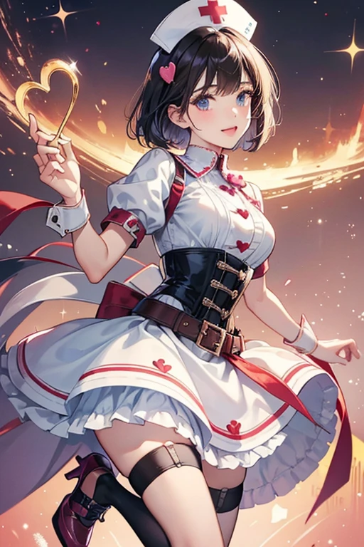 Anna wears her hair in a neck length short bob hairstyle. Anna wears a nurse's uniform consisting of a dress with short, puffy sleeves and heart-shaped buttons starting from the high neck collar and ending at her upper chest. The bodice of the dress is a corset with a bow at the back, leading to the skirt of the dress where Anna wears a belt with a heart-shaped buckle. Anna also wears stockings and garters with heart-shaped fasteners and high heels with a single strap around each ankle, and a nurse's cap with a heart at the front in the center. SPARKLE; GLITTER