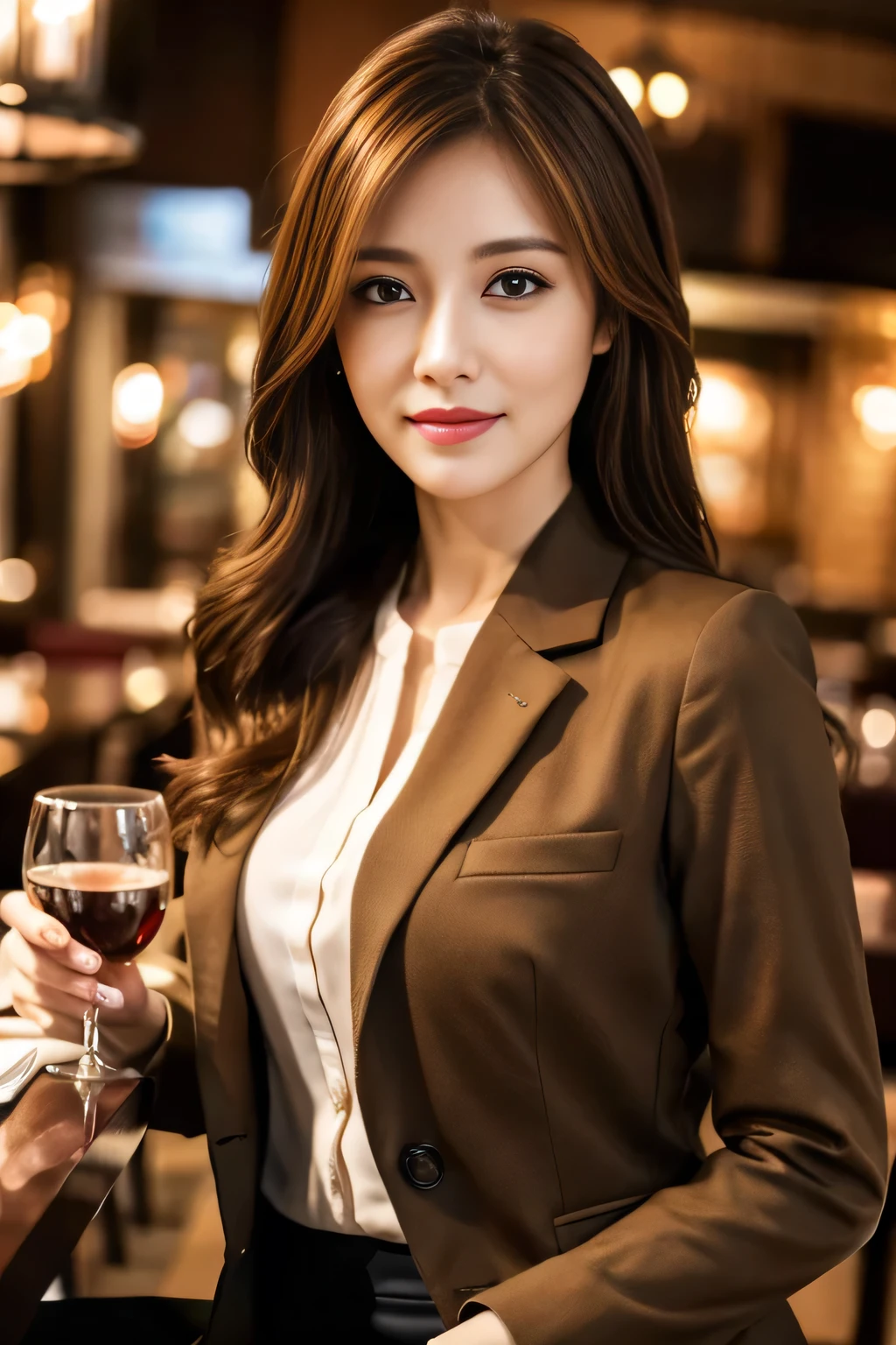 masterpiece, highest quality, Realistic, Very detailed, Finer details, High resolution, 8k wallpaper, One beautiful woman, Wear casual business attire, In a great restaurant, At night, Light brown messy hair, Perfect dynamic composition, Beautiful and beautiful eyes