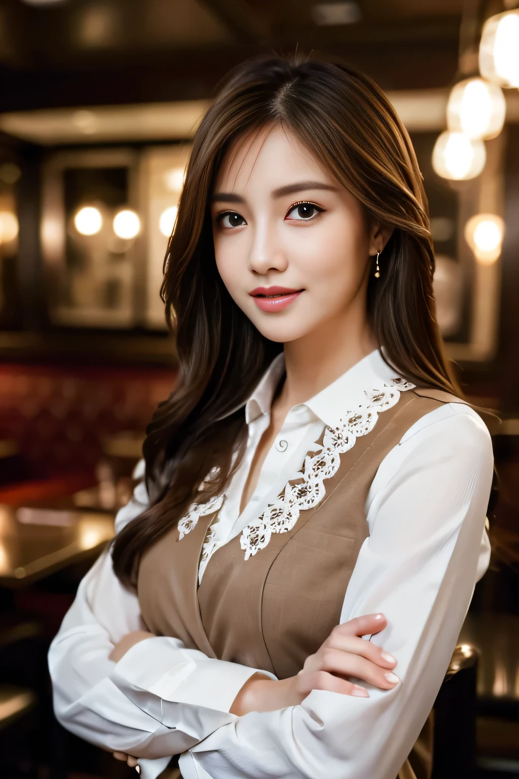 masterpiece, highest quality, Realistic, Very detailed, Finer details, High resolution, 8k wallpaper, One beautiful woman, Wear casual business attire, In a great restaurant, At night, Light brown messy hair, Perfect dynamic composition, Beautiful and beautiful eyes