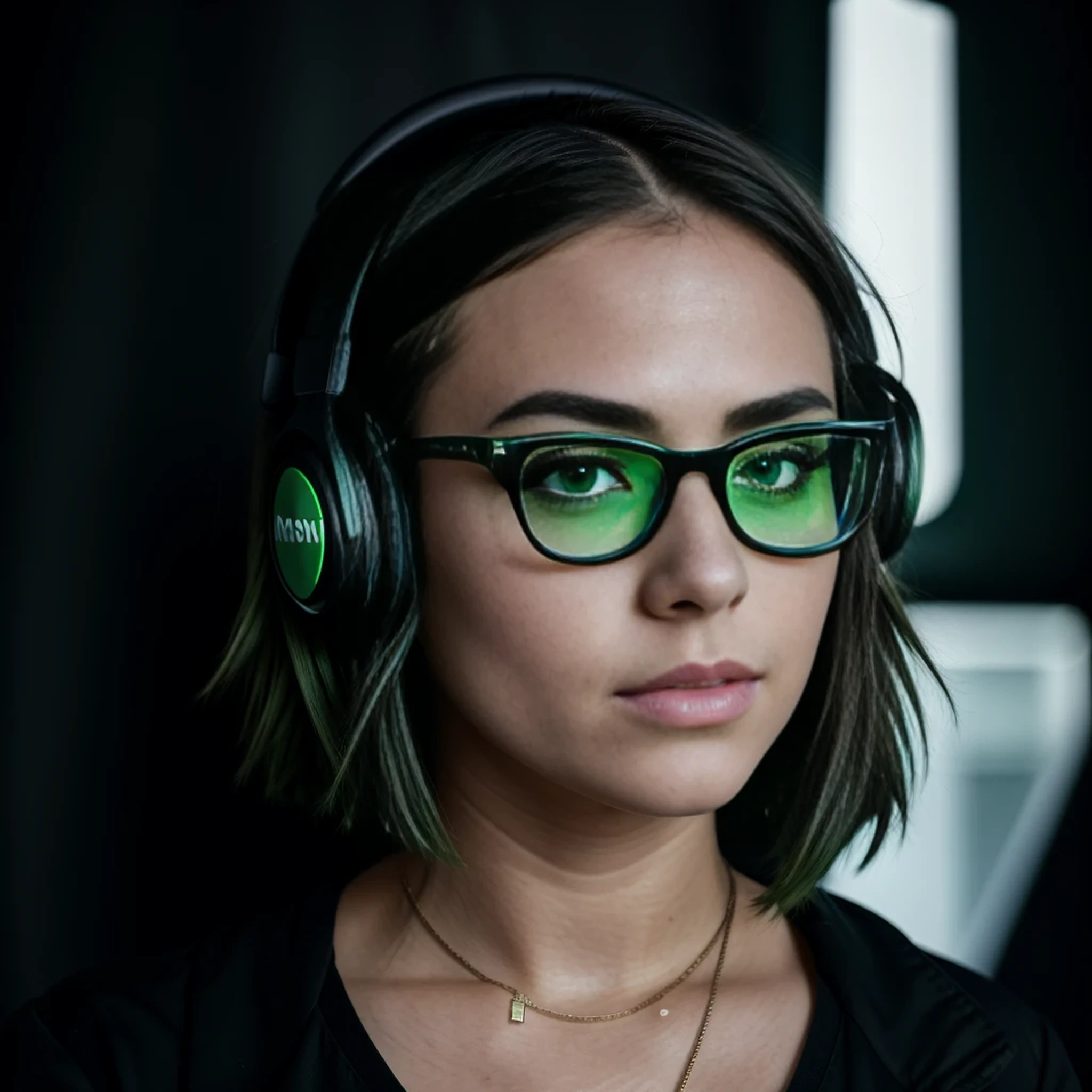 anime, deejaying girl, dj, dj girl, headphones, rave, (highest picture quality),masterpiece,best quality,extremely detailed CG wallpaper, ultra_detailed,(Cinematic Lighting:1.1), (cold face), green eyes, 1girl, solo, dark-green_hair, short_hair, masterpiece, best quality, glasses